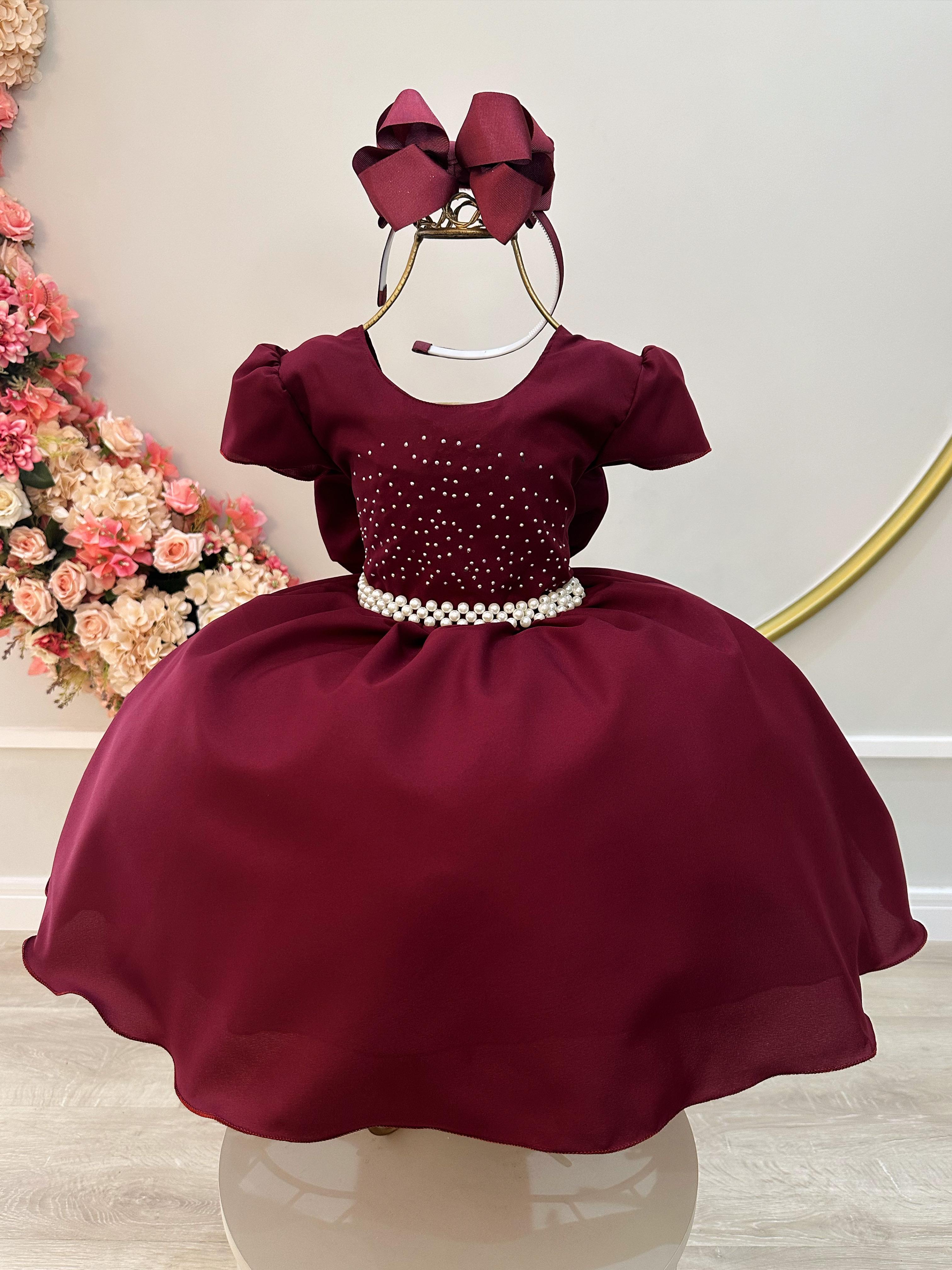 Vestido Infantil Marsala Busto Com Strass Daminhas Luxo