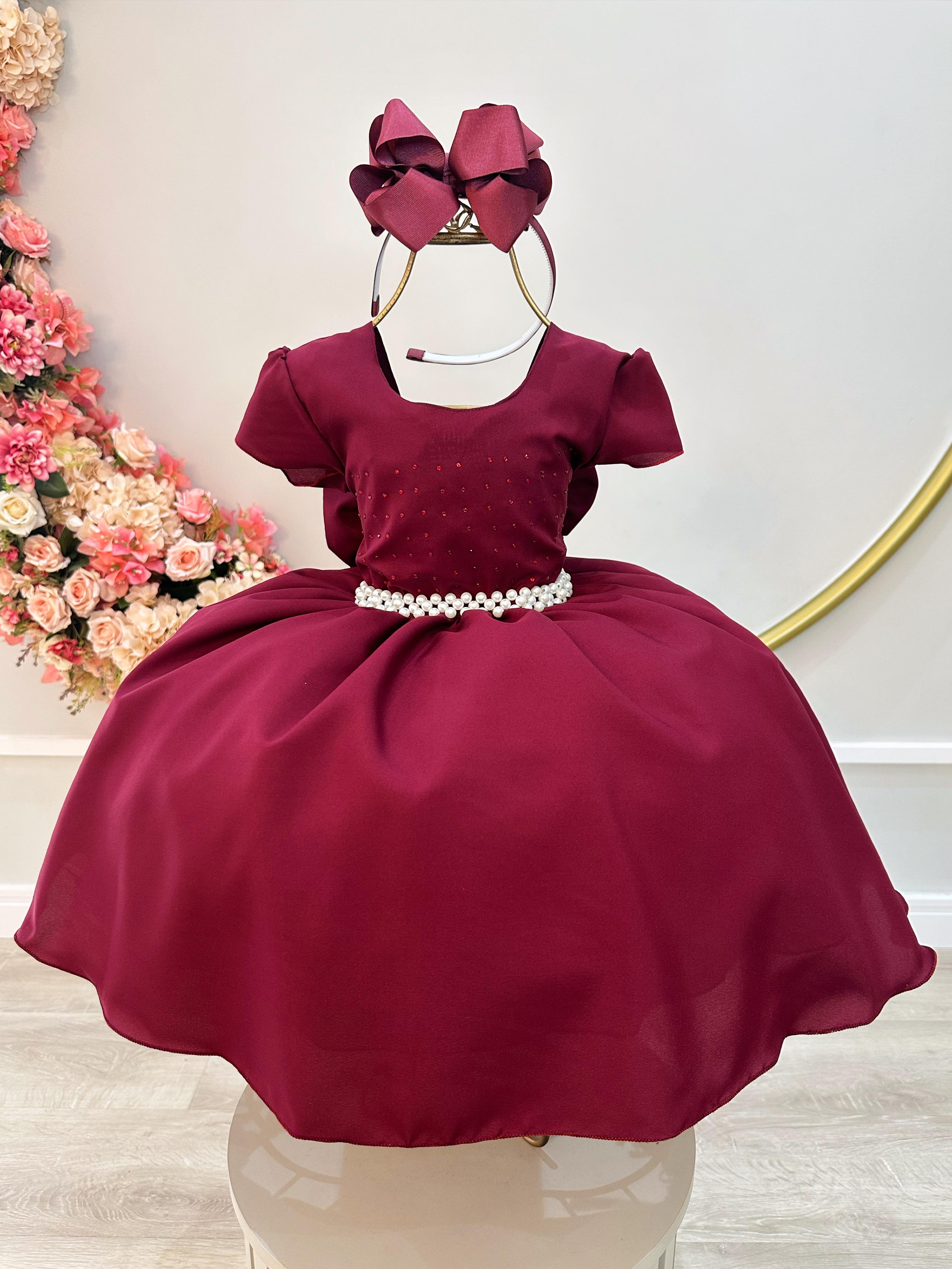 Vestido Infantil Marsala Busto Com Strass Luxo Daminhas