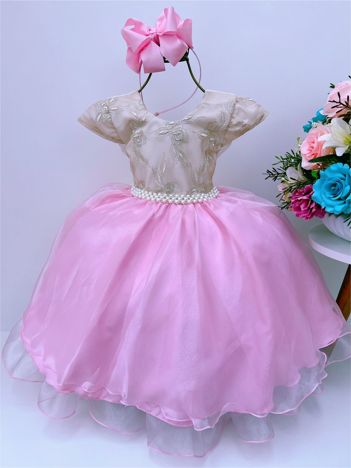 Vestido Infantil Branco Bebê Princesa Luxo Festa Pérolas - Rosa Charmosa  Atacado