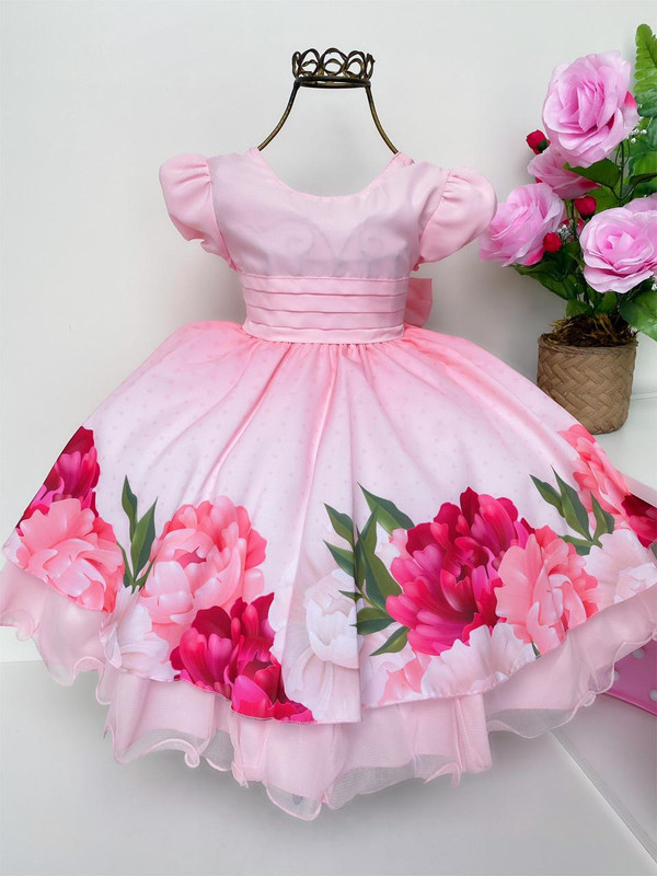Vestido Infantil Rosa Floral Pricesas Floristas