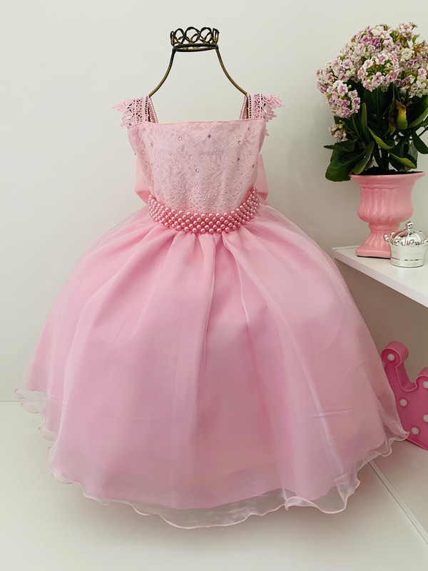 Vestido Infantil Rosa Renda Princesas Aniversário de Luxo