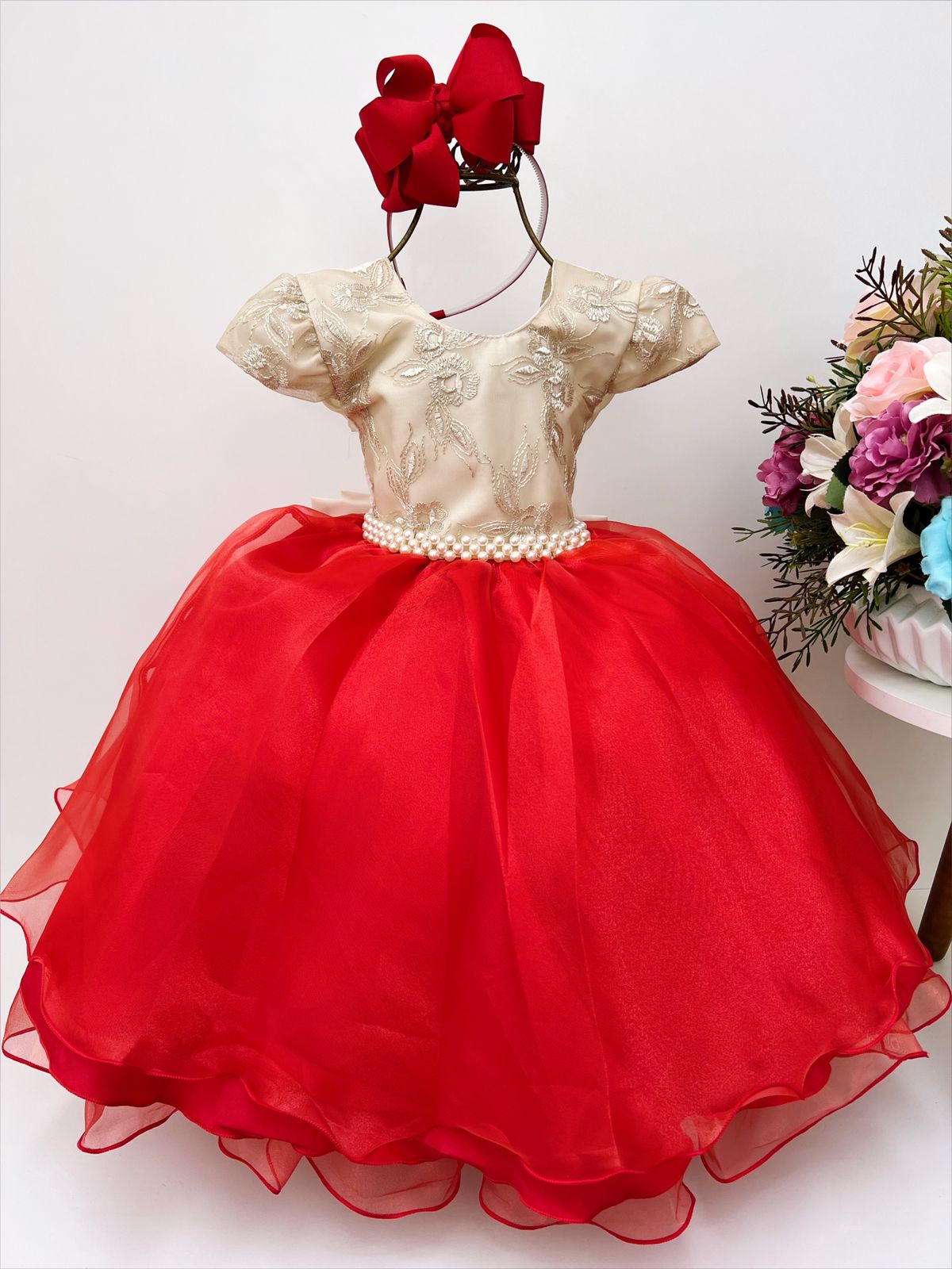 Vestido Infantil Vermelho e Marfim Renda Cinto Pérolas