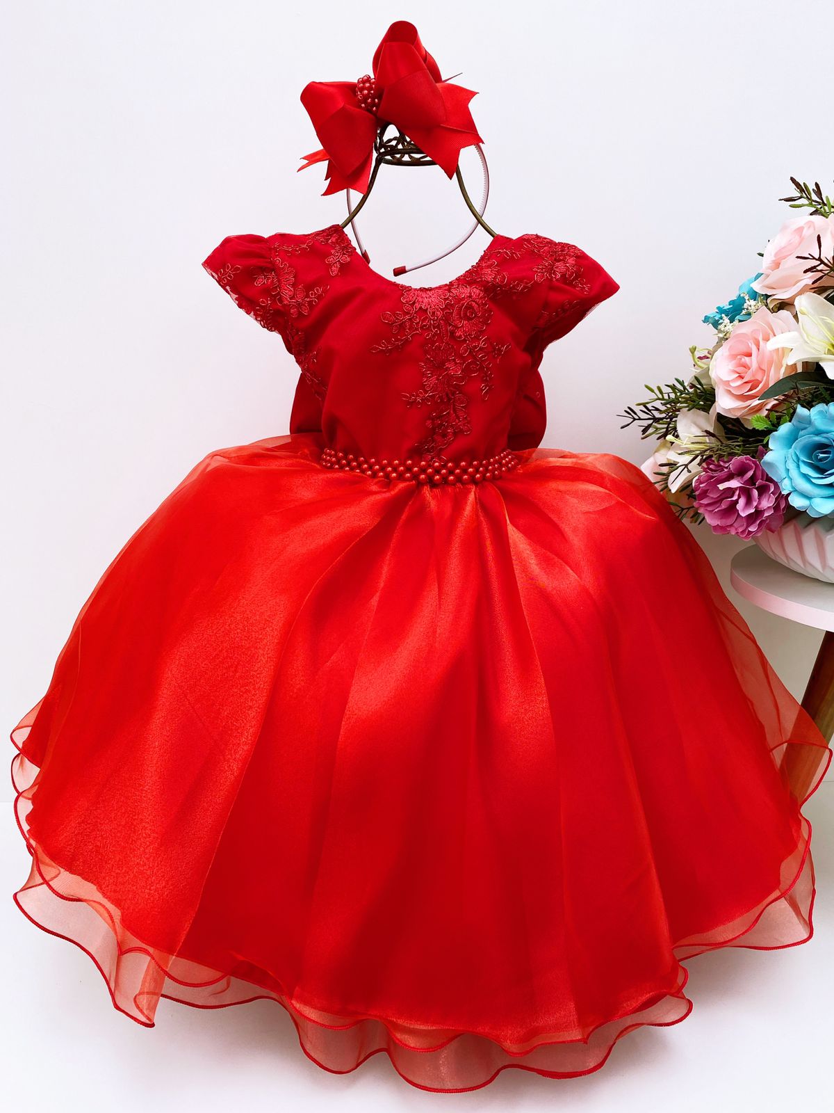 Vestido Infantil Vermelho Renda e Voal Luxo Cinto de Pérolas