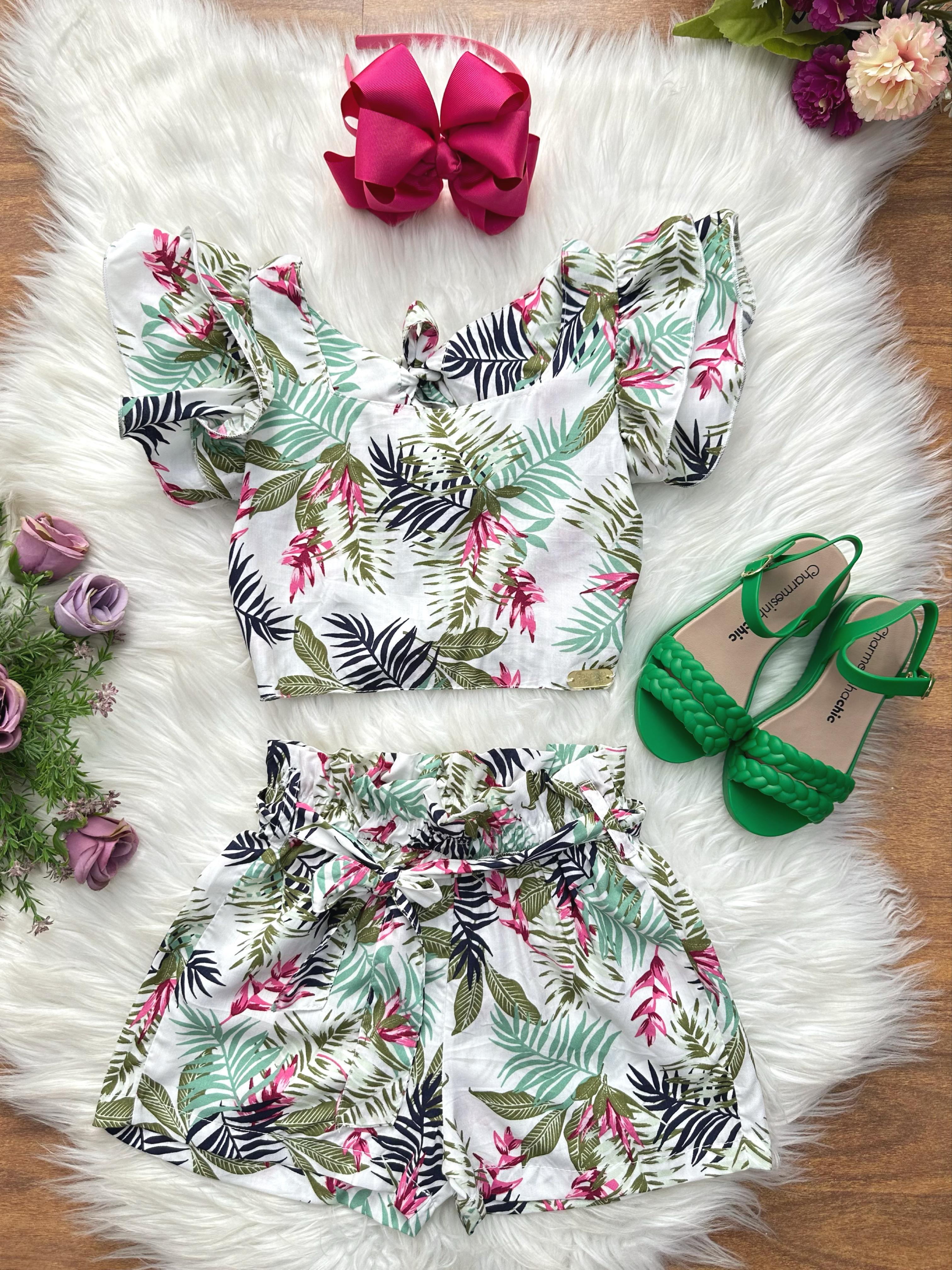 Conjunto Meninas Casual Cropped C/ Saia Florida Colorida