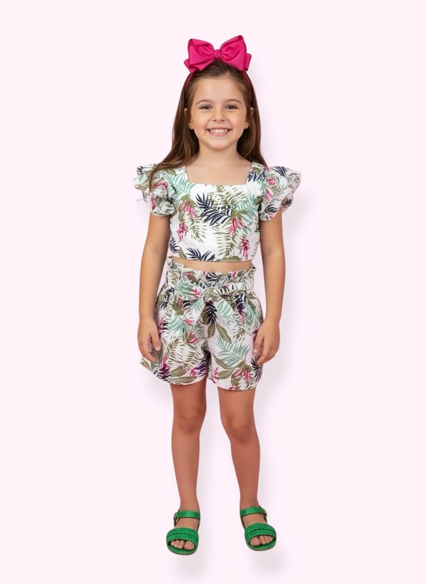 Conjunto Meninas Casual Cropped C/ Saia Florida Colorida