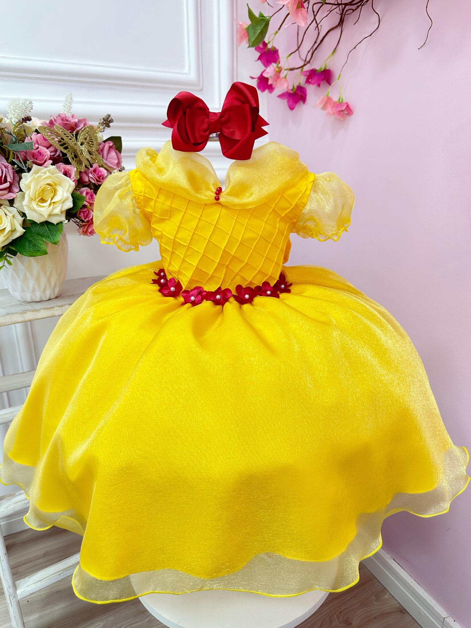 Vestido Infantil Amarelo Princesa Bela e a Fera C/ Flores