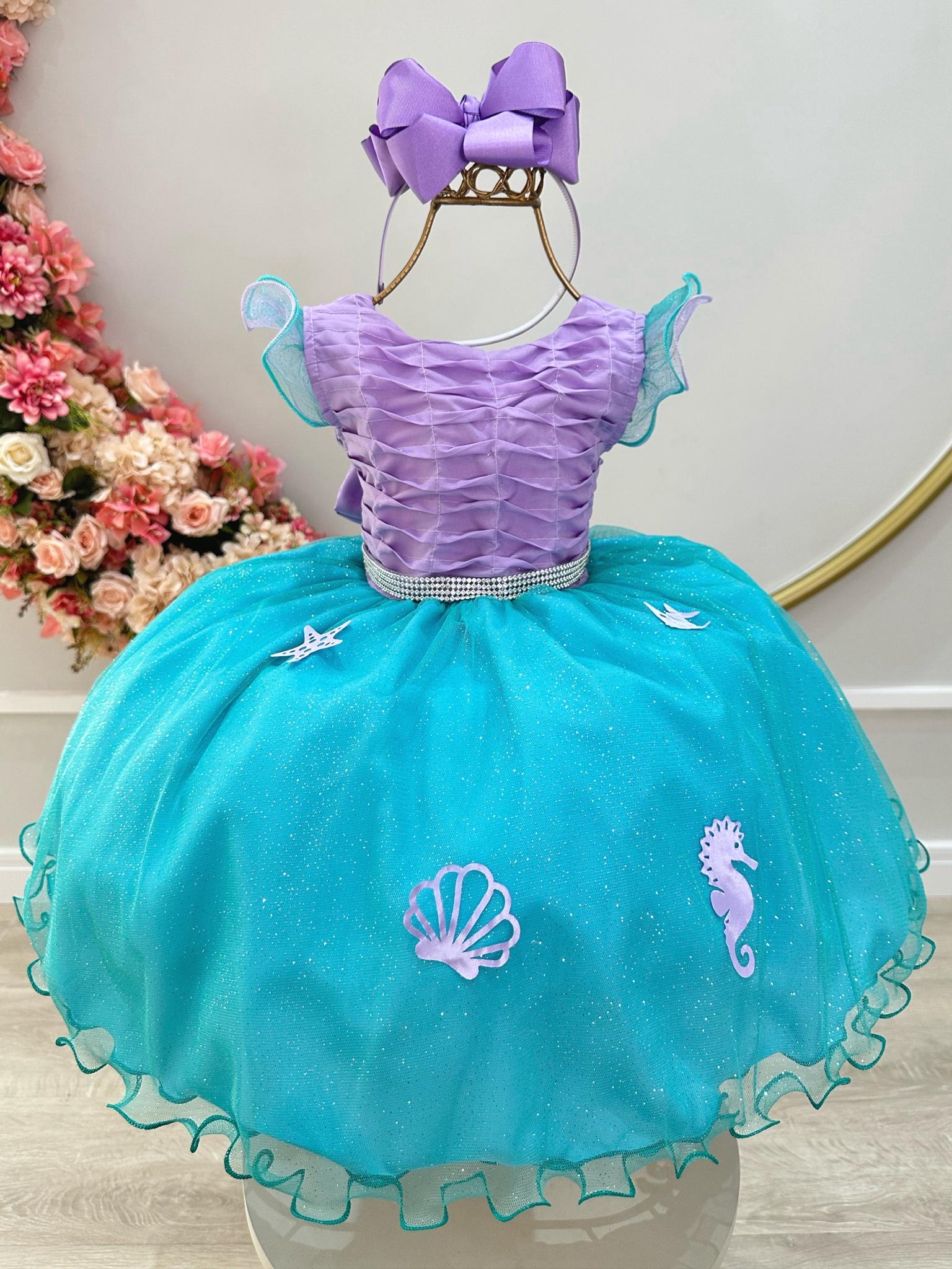 Vestido Infantil Ariel Busto Plissado Apliques Fundo do Mar