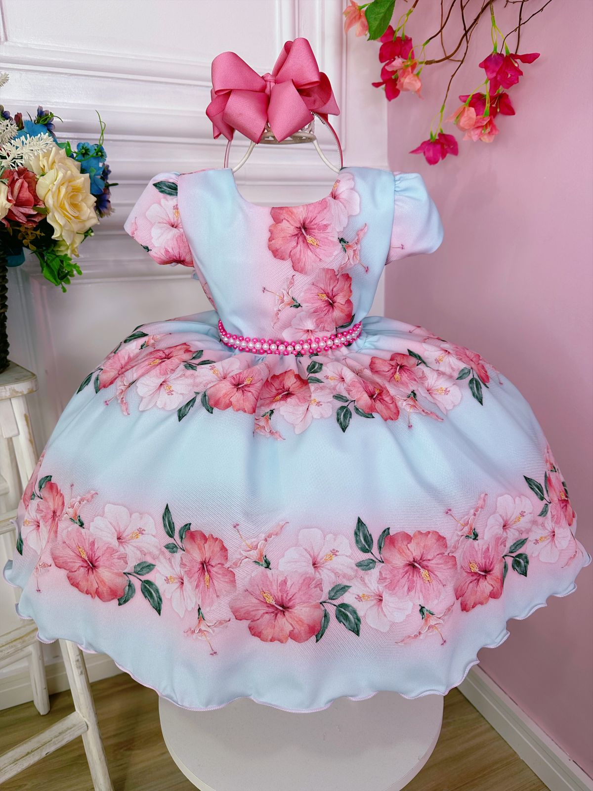 Vestido Infantil Azul Bebê Florido Primavera Cinto Pérolas