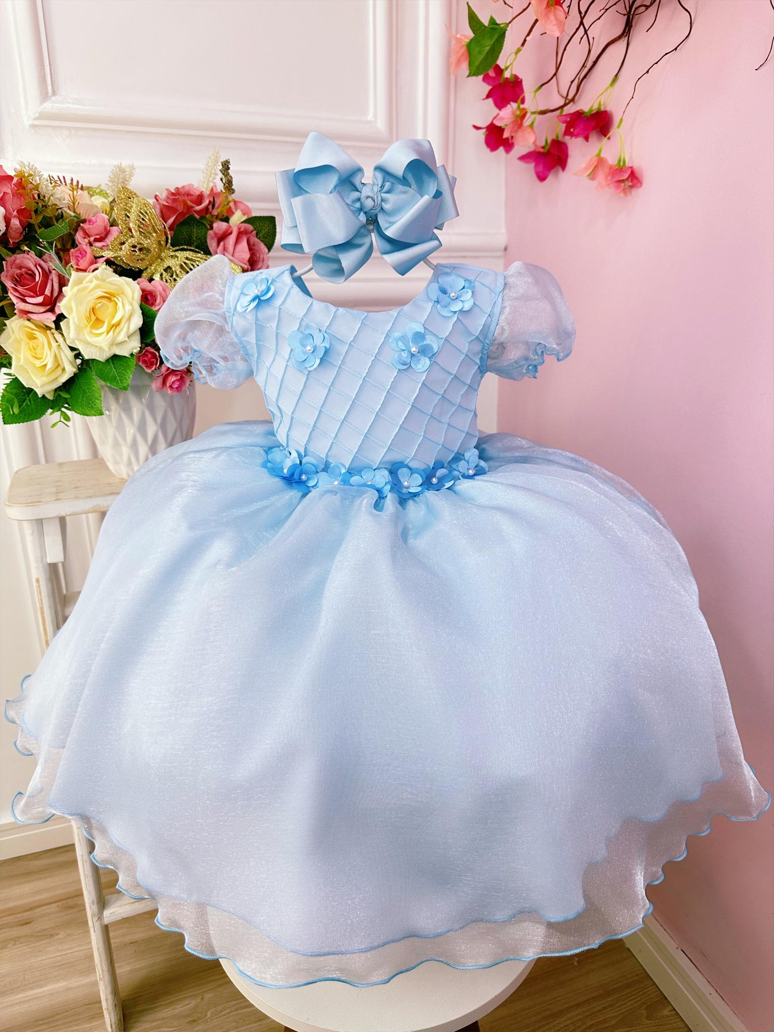 Vestido Infantil Azul Bebê Princesas Aurora C/ Aplique Flores