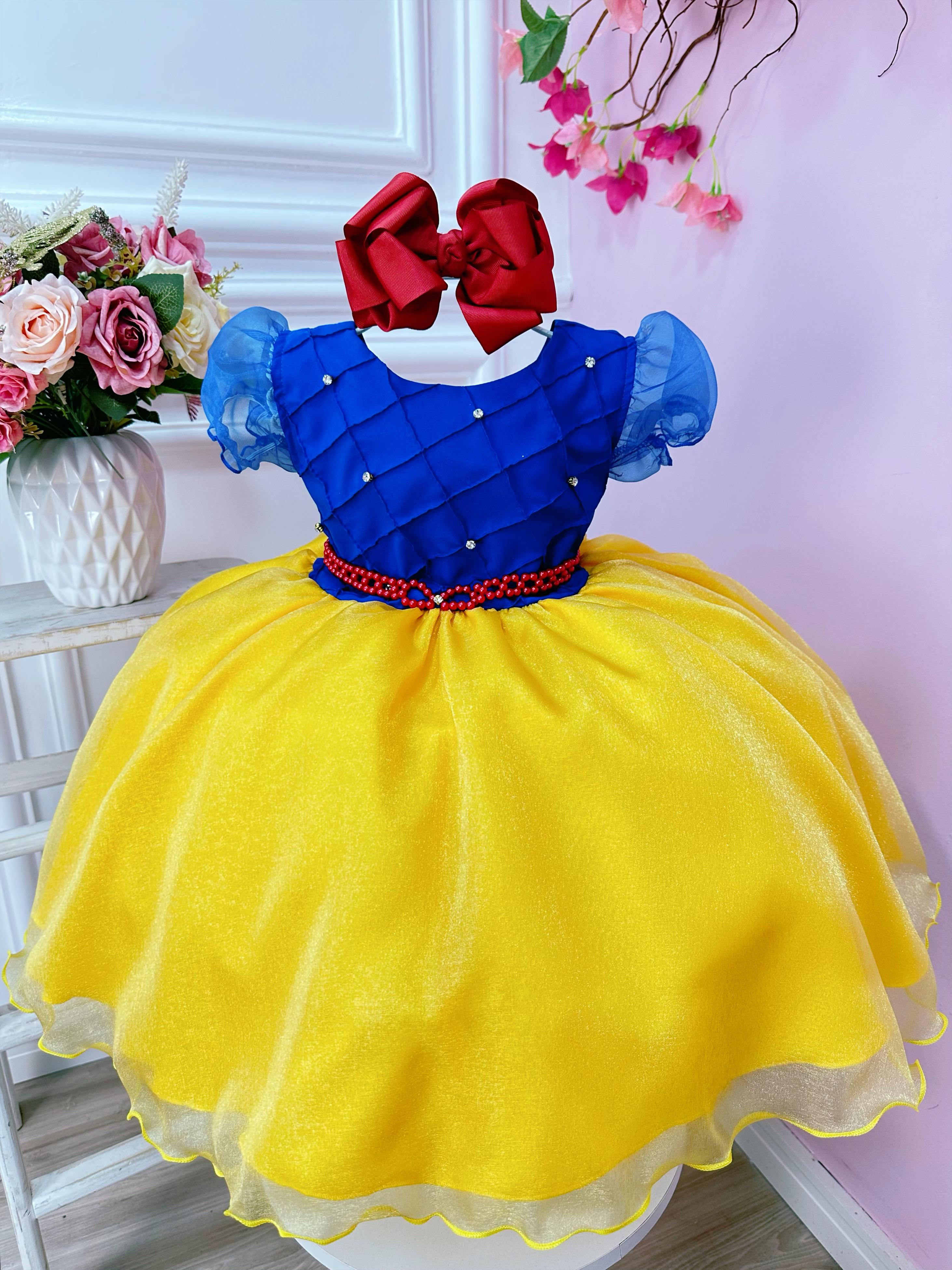 Vestido Infantil Azul Branca de Neve C/ Busto Nervura Strass