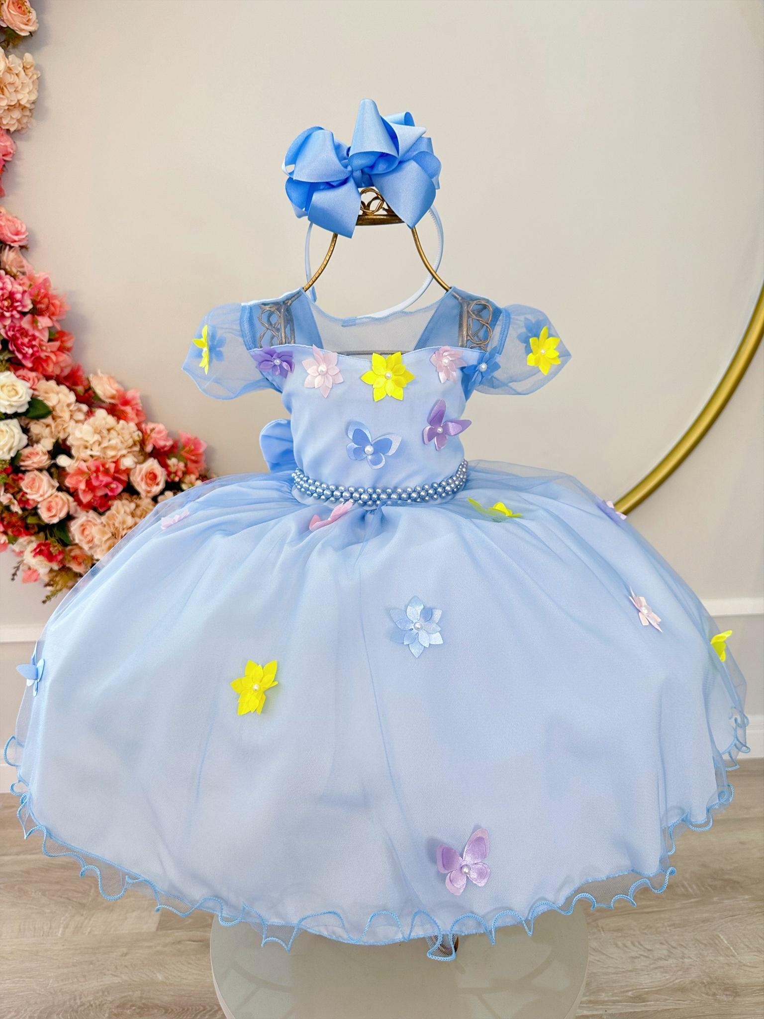 Vestido Infantil Azul C/ Aplique Borboletas Flores Pérolas