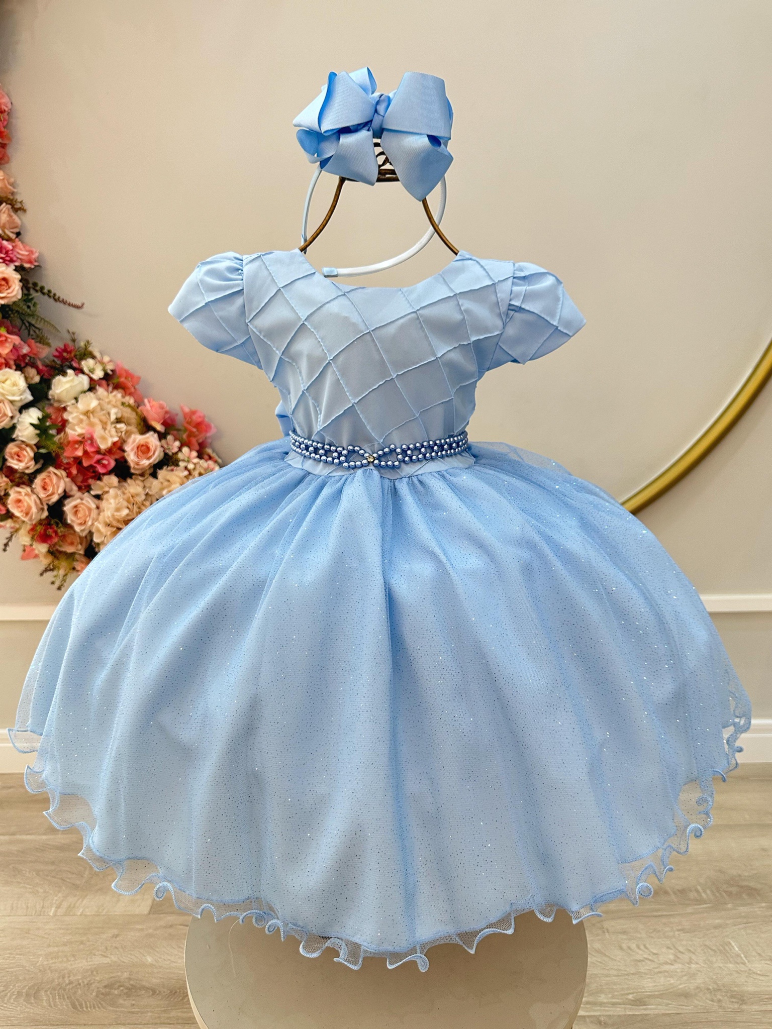 Vestido Infantil Azul Claro Busto Nervura Festas Daminhas