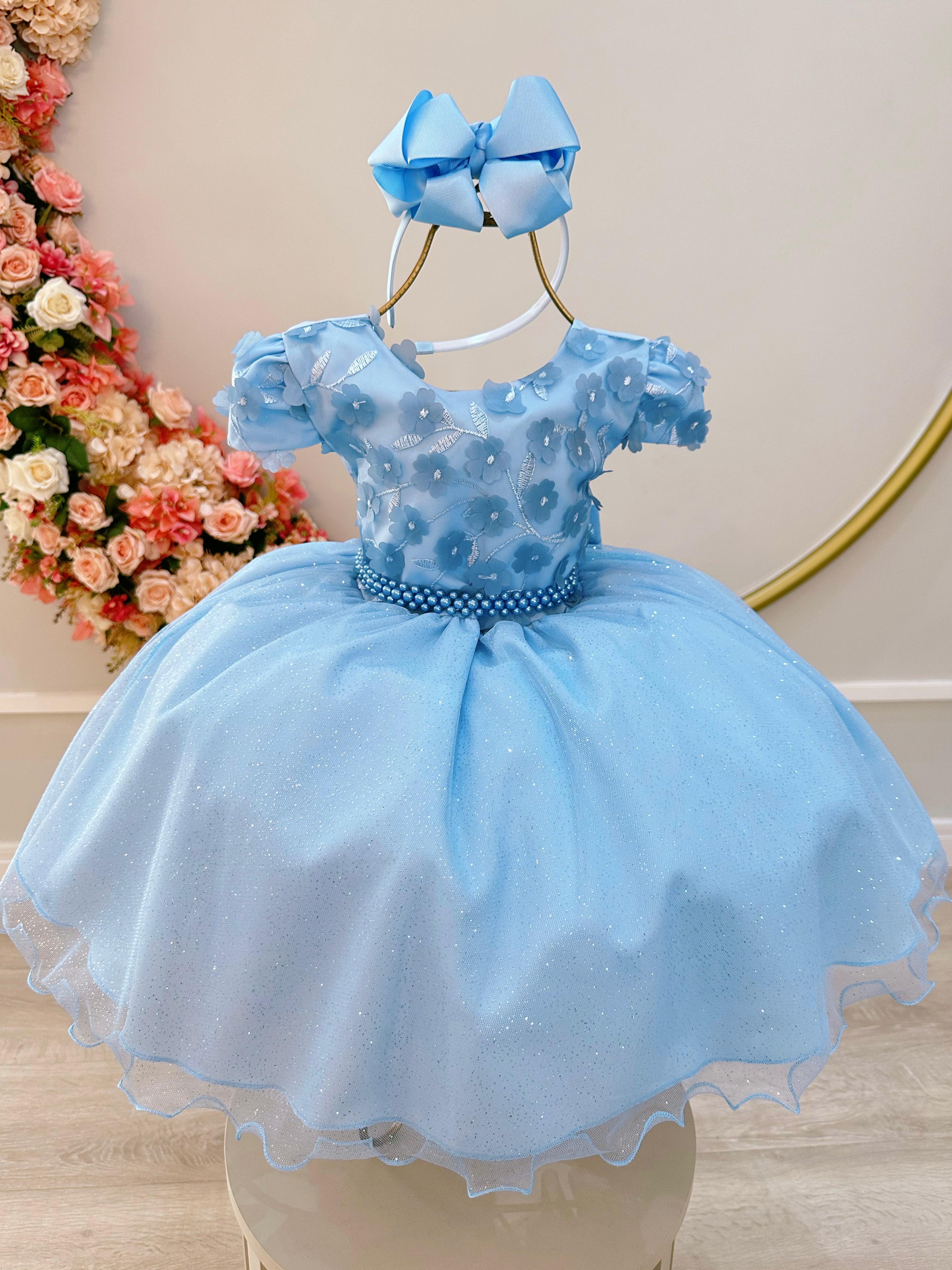 Vestido Infantil Azul Claro Saia C/ Glitter e Apliques Flores