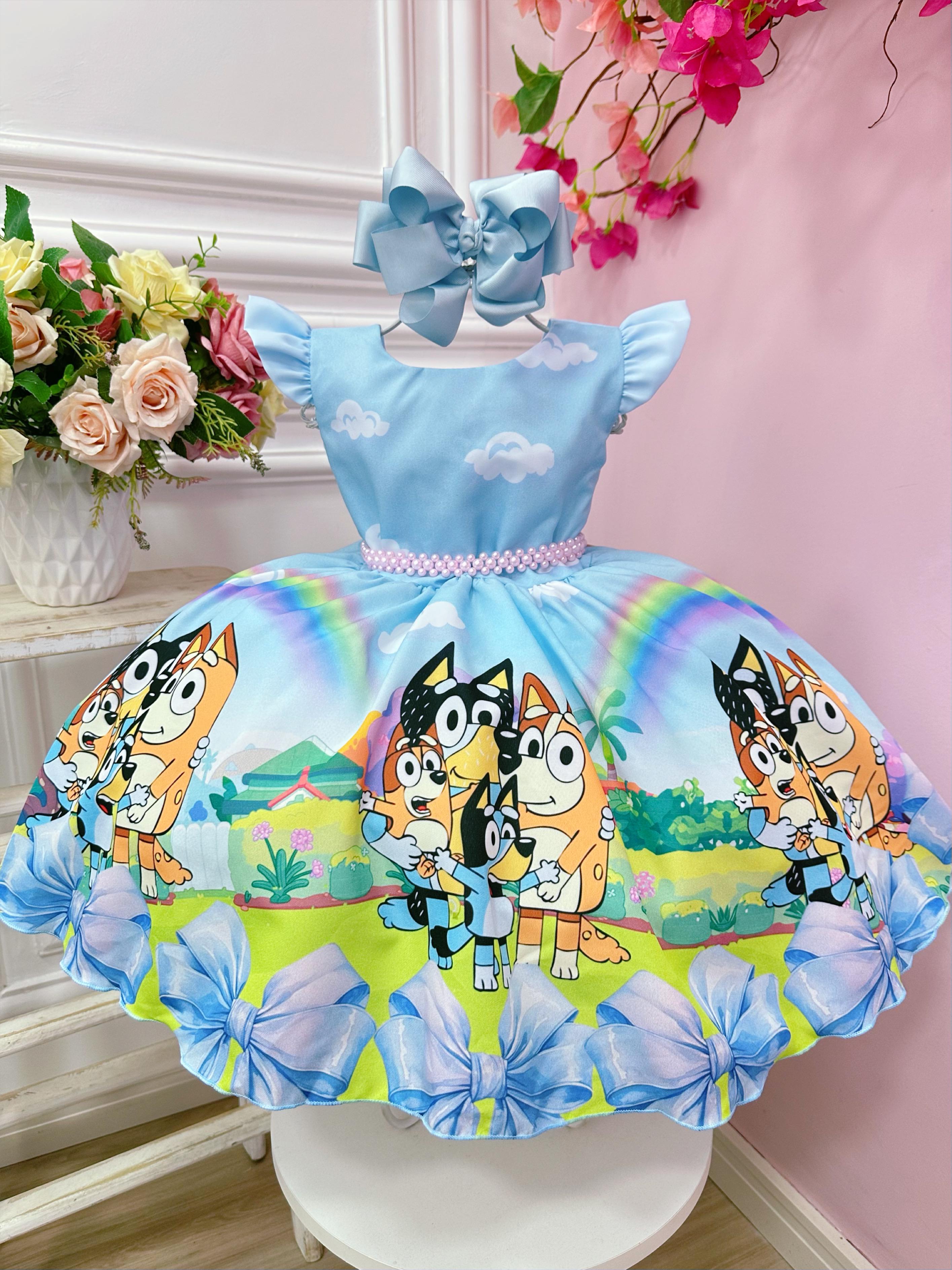 Vestido Infantil Azul Desenho Bluey Colorido Disney Festas