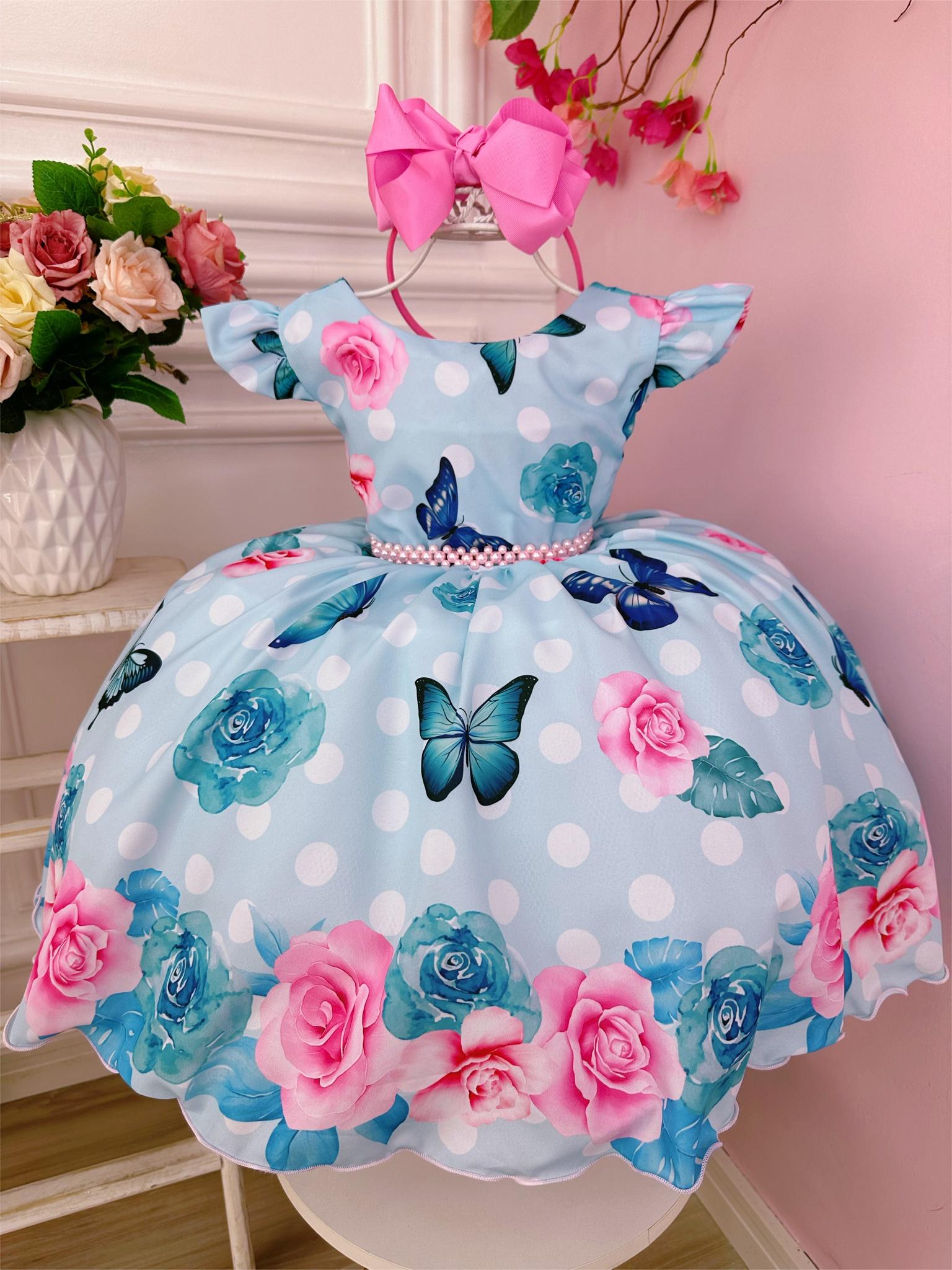 Vestido Infantil Azul Jardim das Borboletas Cinto de Pérolas