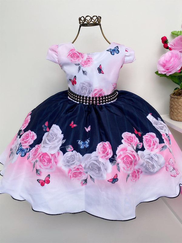 Vestido Infantil Azul Marinho Floral Off White Cinto Pérolas