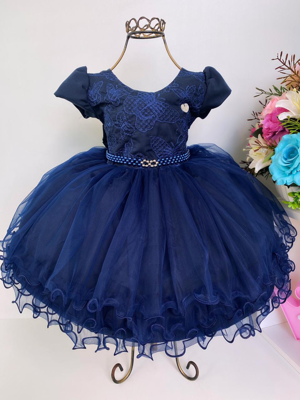 Vestido Infantil Azul Marinho Renda Cinto Pérolas