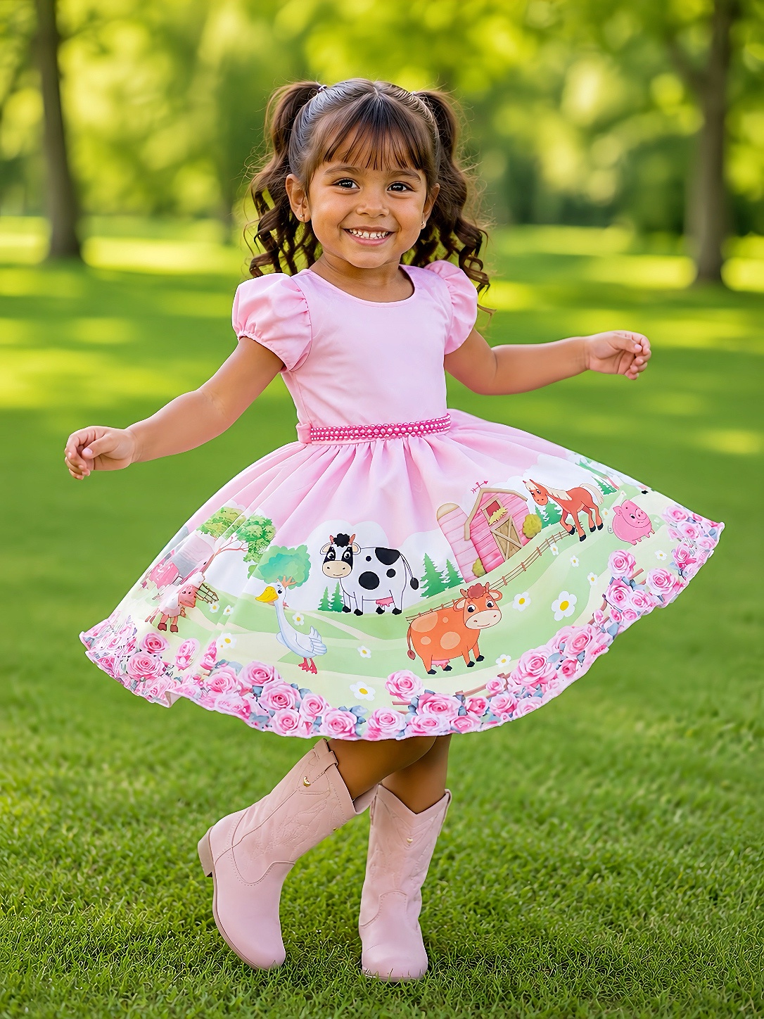 Vestido Infantil Baby Fazendinha Rosa C/ Pérolas Festas