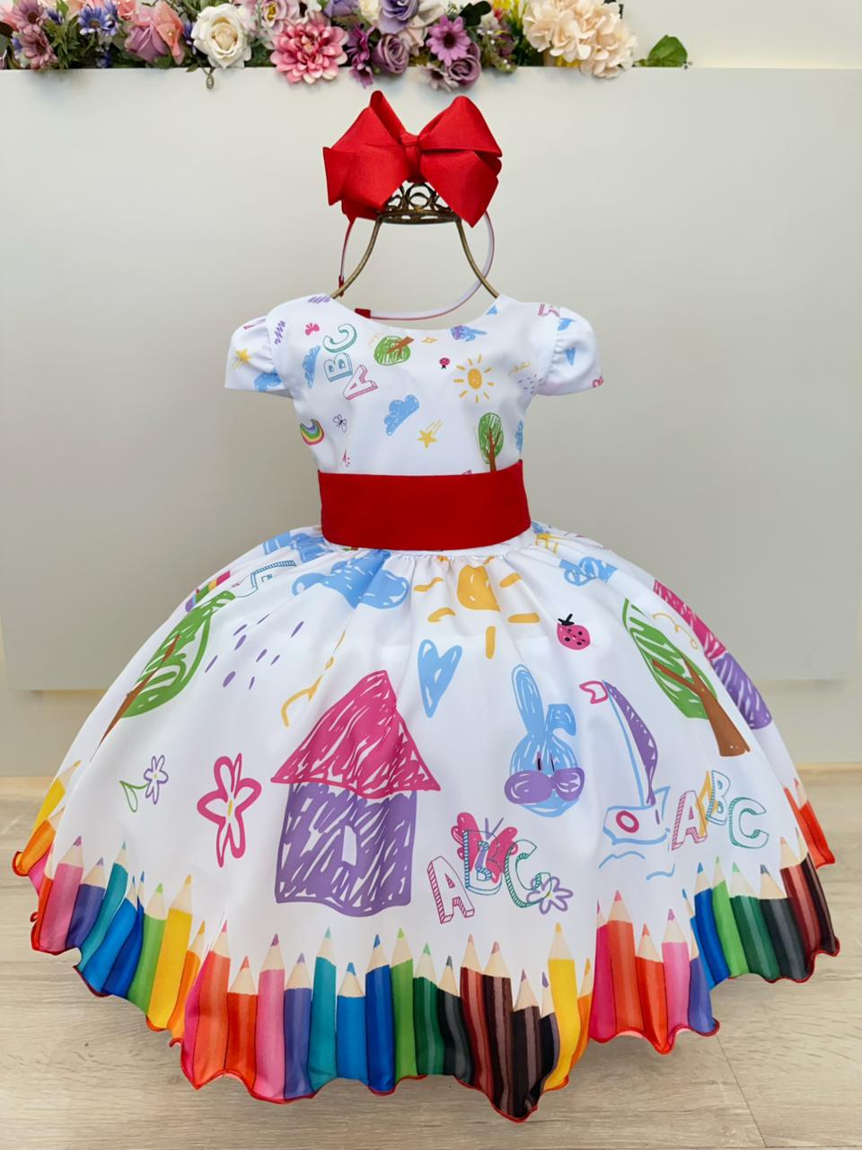 Vestido Infantil Branco Aquarela Colorido Festas