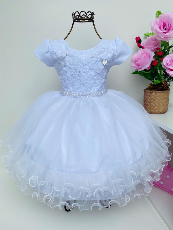 Vestido Infantil Branco Batizado Renda Apliques Cinto Pérola