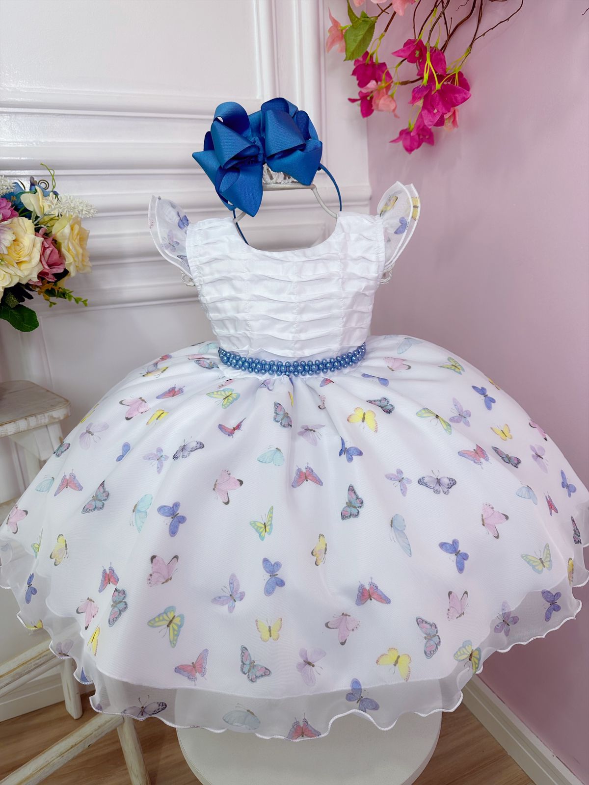 Vestido Infantil Branco Borboletas Coloridas Peito Plissado