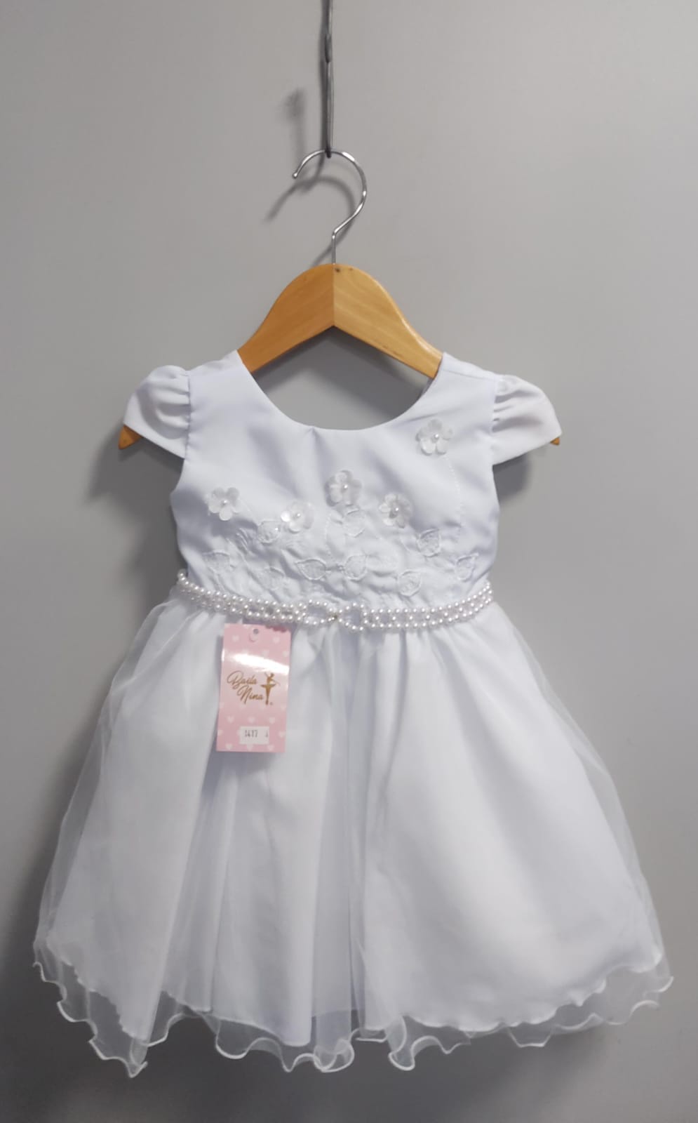 Vestido Infantil Branco Busto Bordado e Aplique Flores Festa