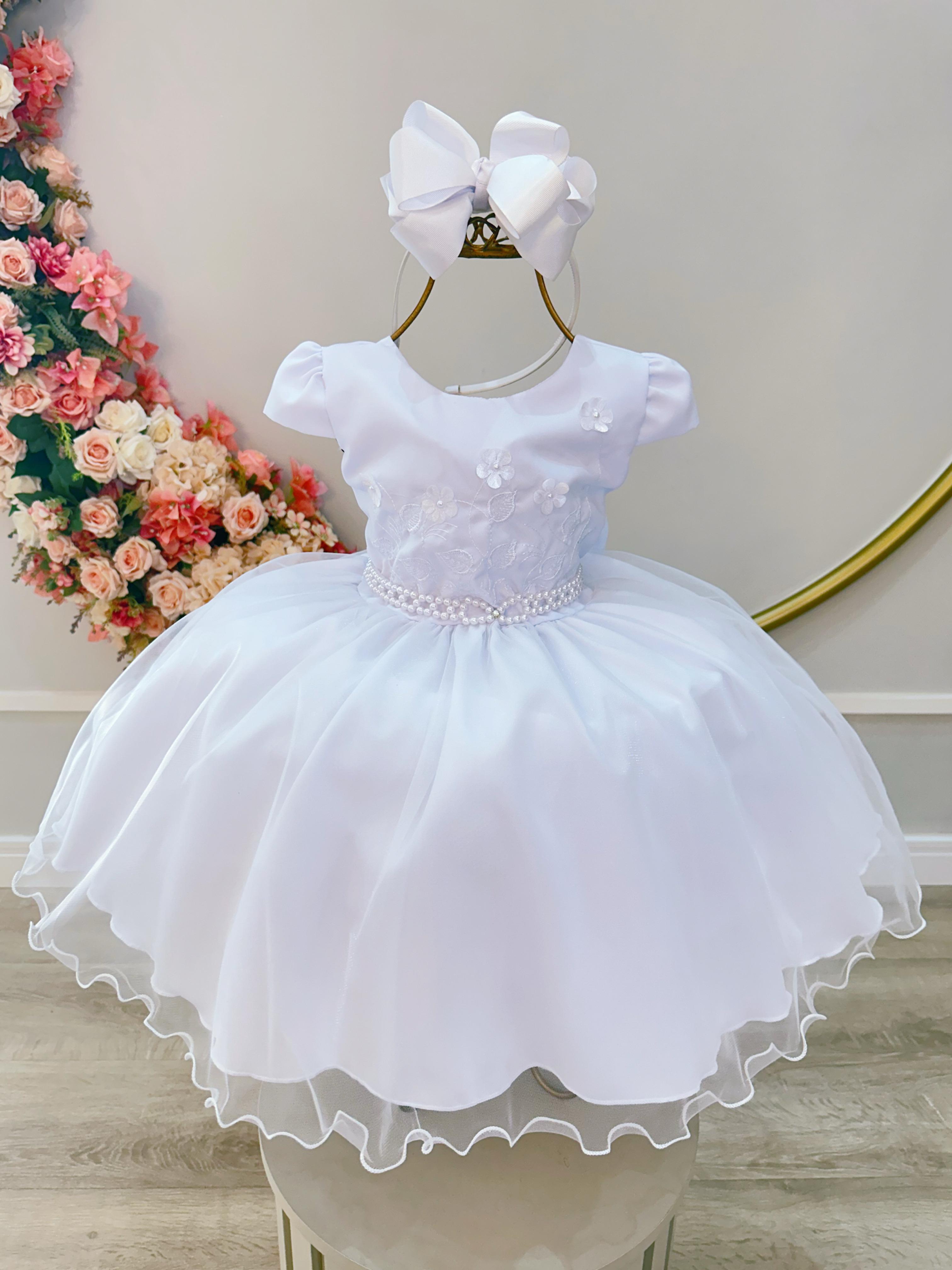 Vestido Infantil Branco Busto Bordado e Aplique Flores Festa