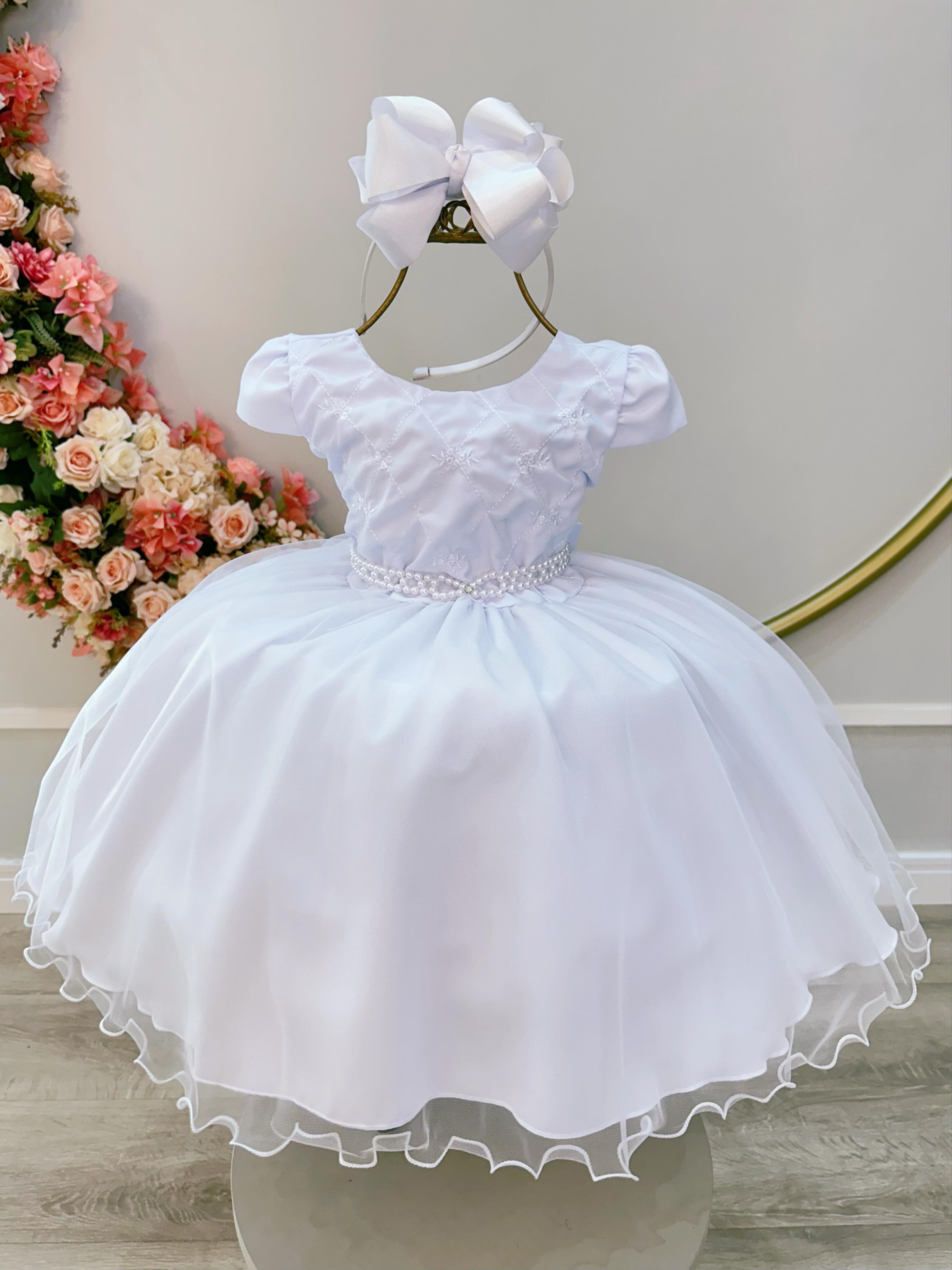 Vestido Infantil Branco Busto C/ Bordado Flores Daminha Festa