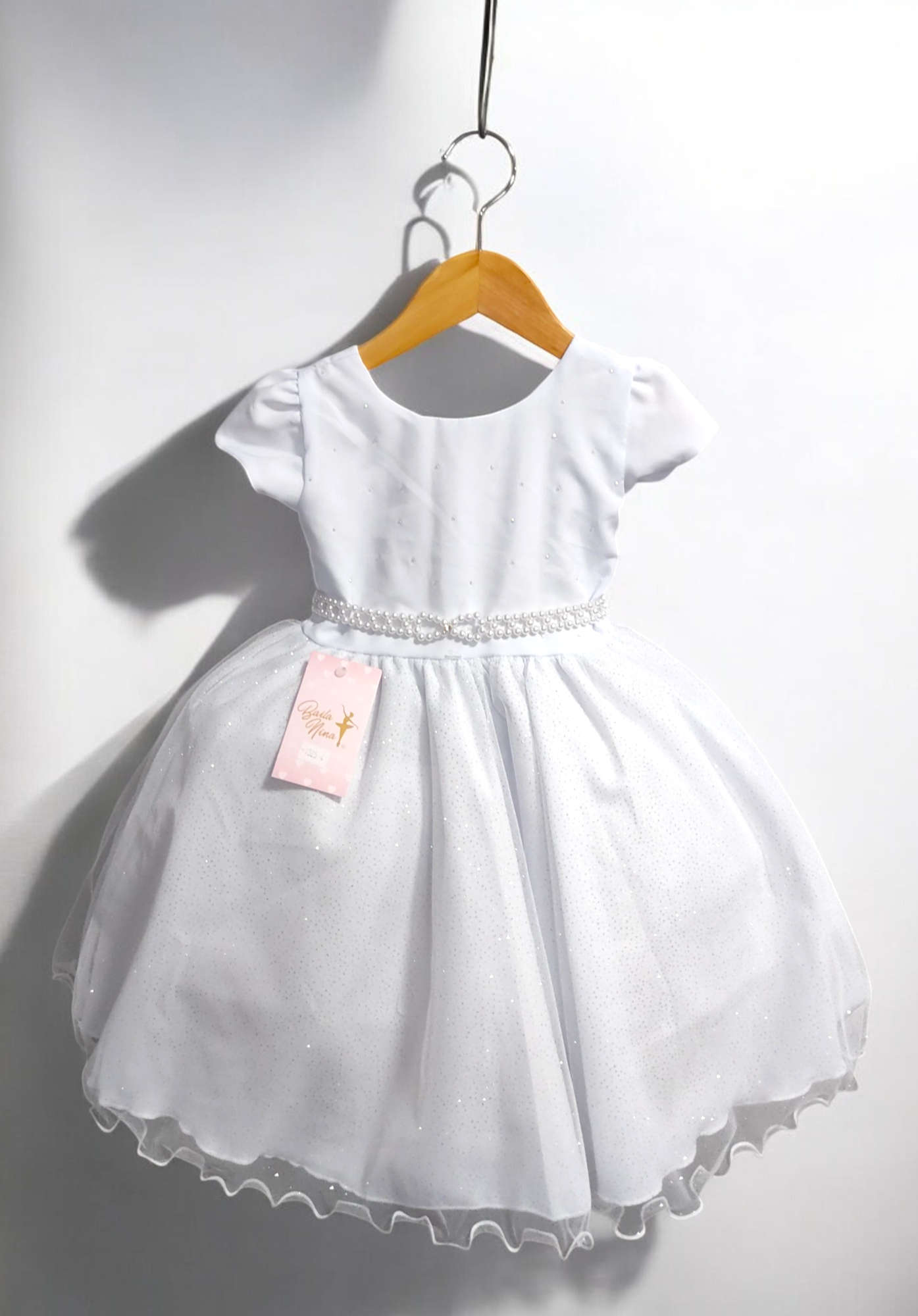 Vestido Infantil Branco Busto C/ Strass e Saia com Glitter