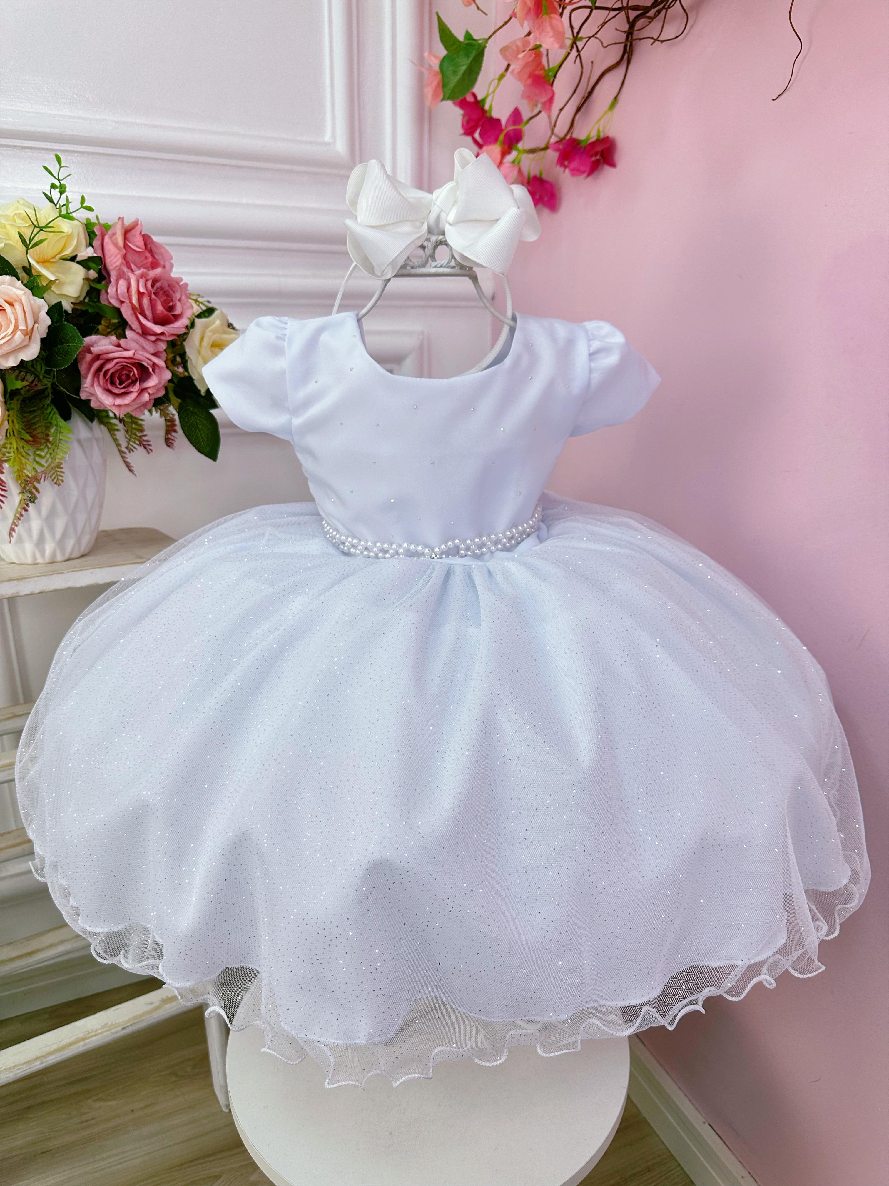 Vestido Infantil Branco Busto C/ Strass e Saia com Glitter