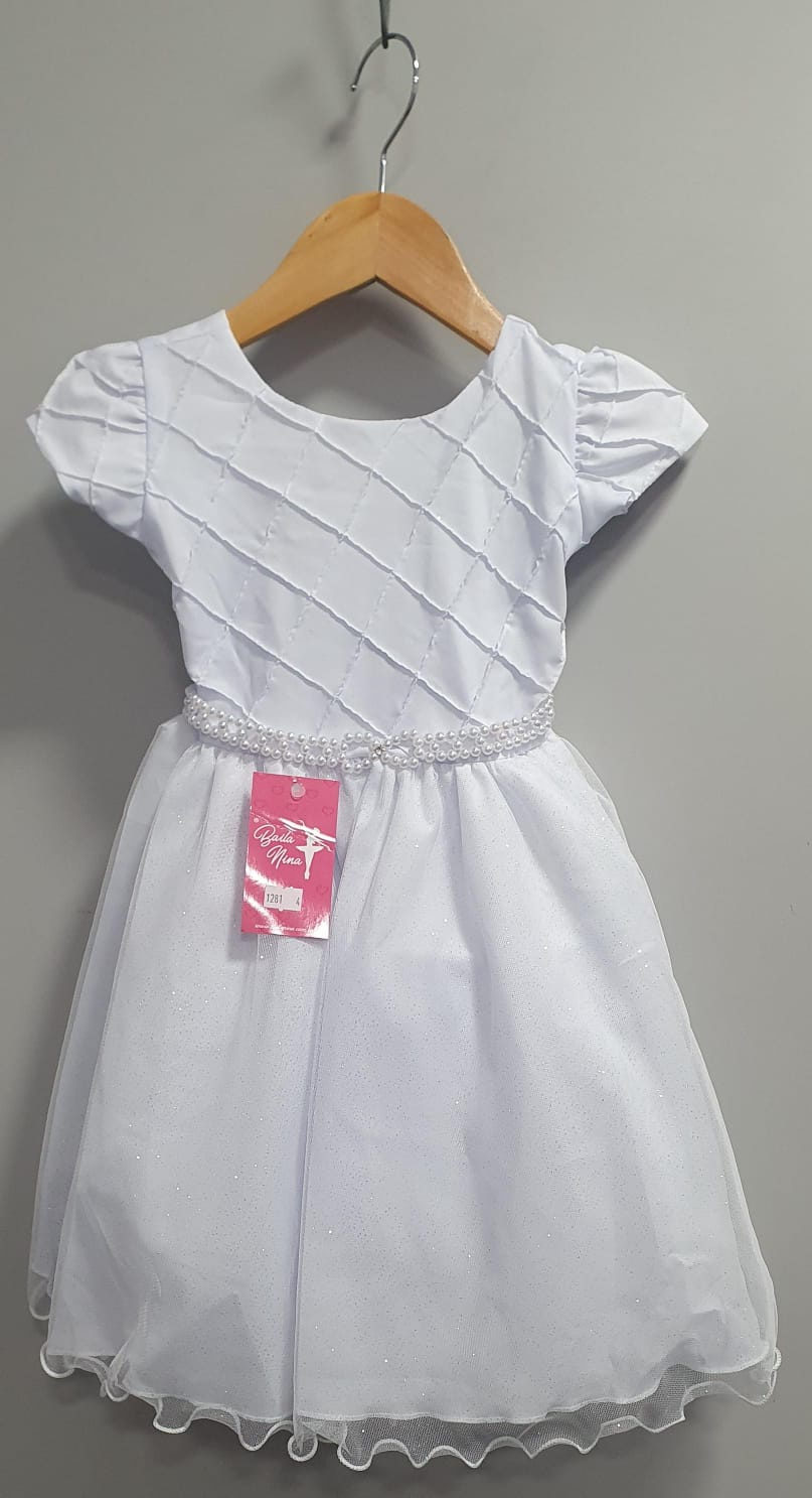 Vestido Infantil Branco Busto Nervura Festas Daminhas
