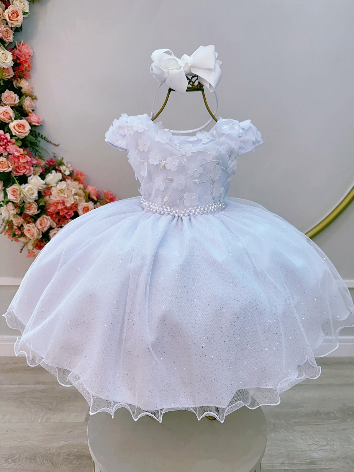 Vestido Infantil Branco C/ Renda Apliques Daminha Festas