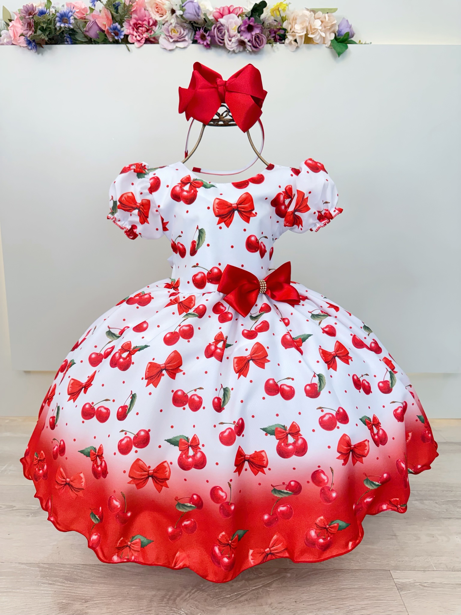 Vestido Infantil Branco Estampa Cereja Broche Daminhas Festas