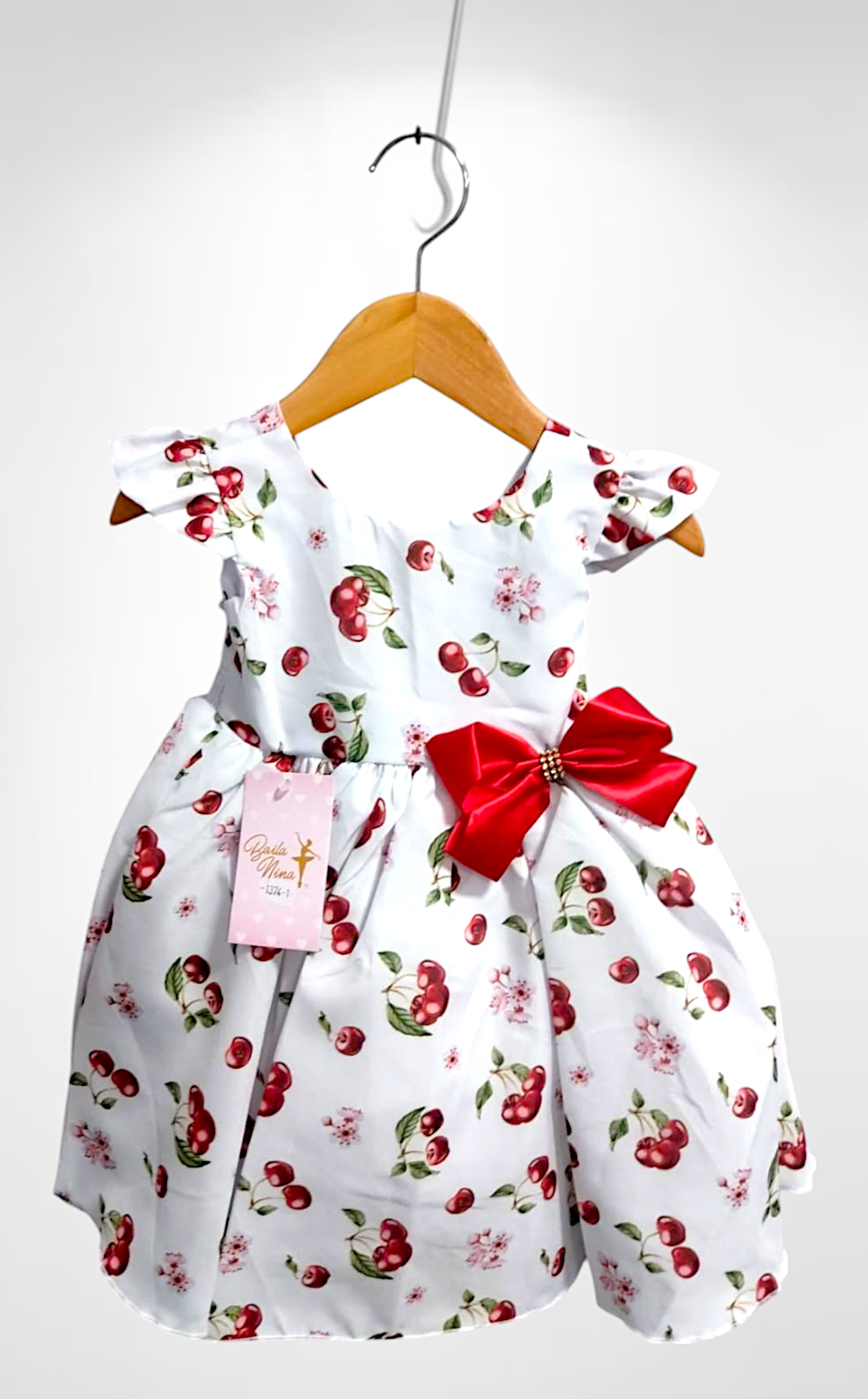 Vestido Infantil Branco Estampa Cereja C/ Broche Luxo Festas