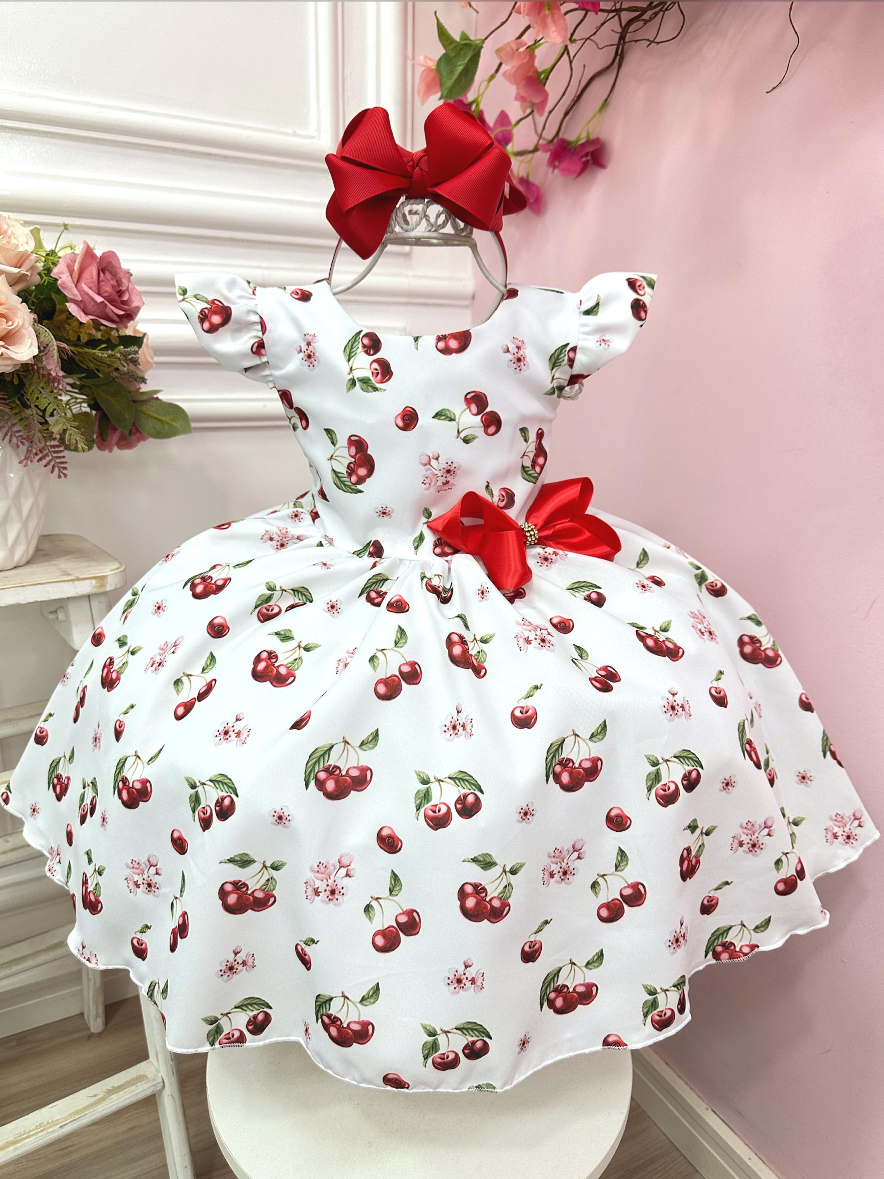 Vestido Infantil Branco Estampa Cereja C/ Broche Luxo Festas