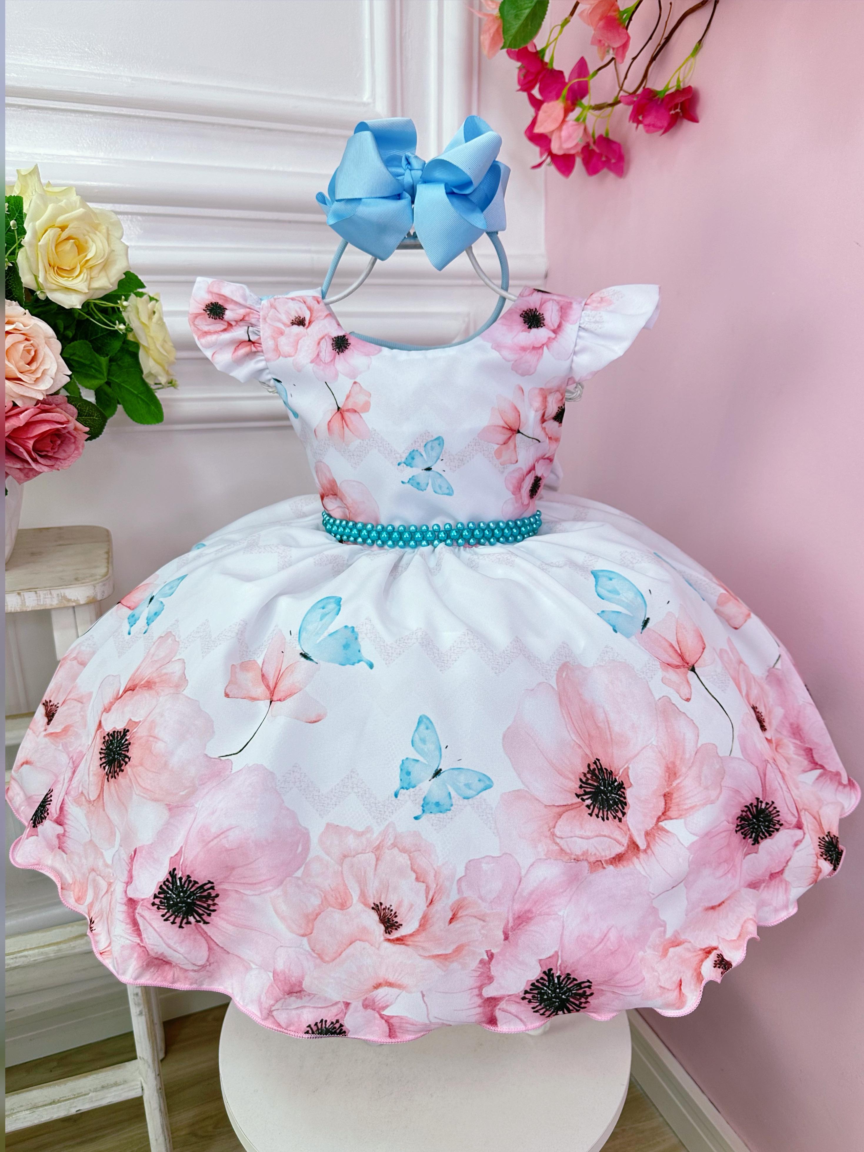 Vestido Infantil Branco Flores Jardim das Borboletas Pérolas