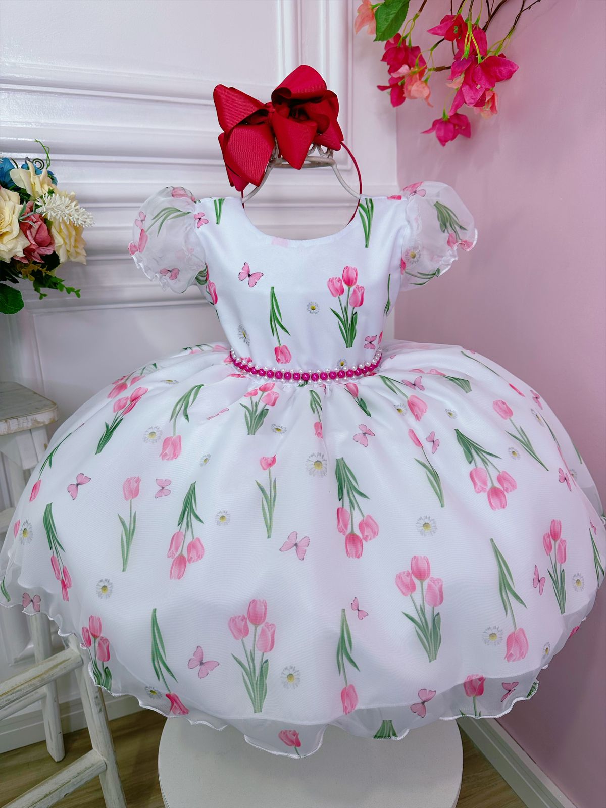 Vestido Infantil Branco Flores Tulipas C/ Cinto de Pérolas