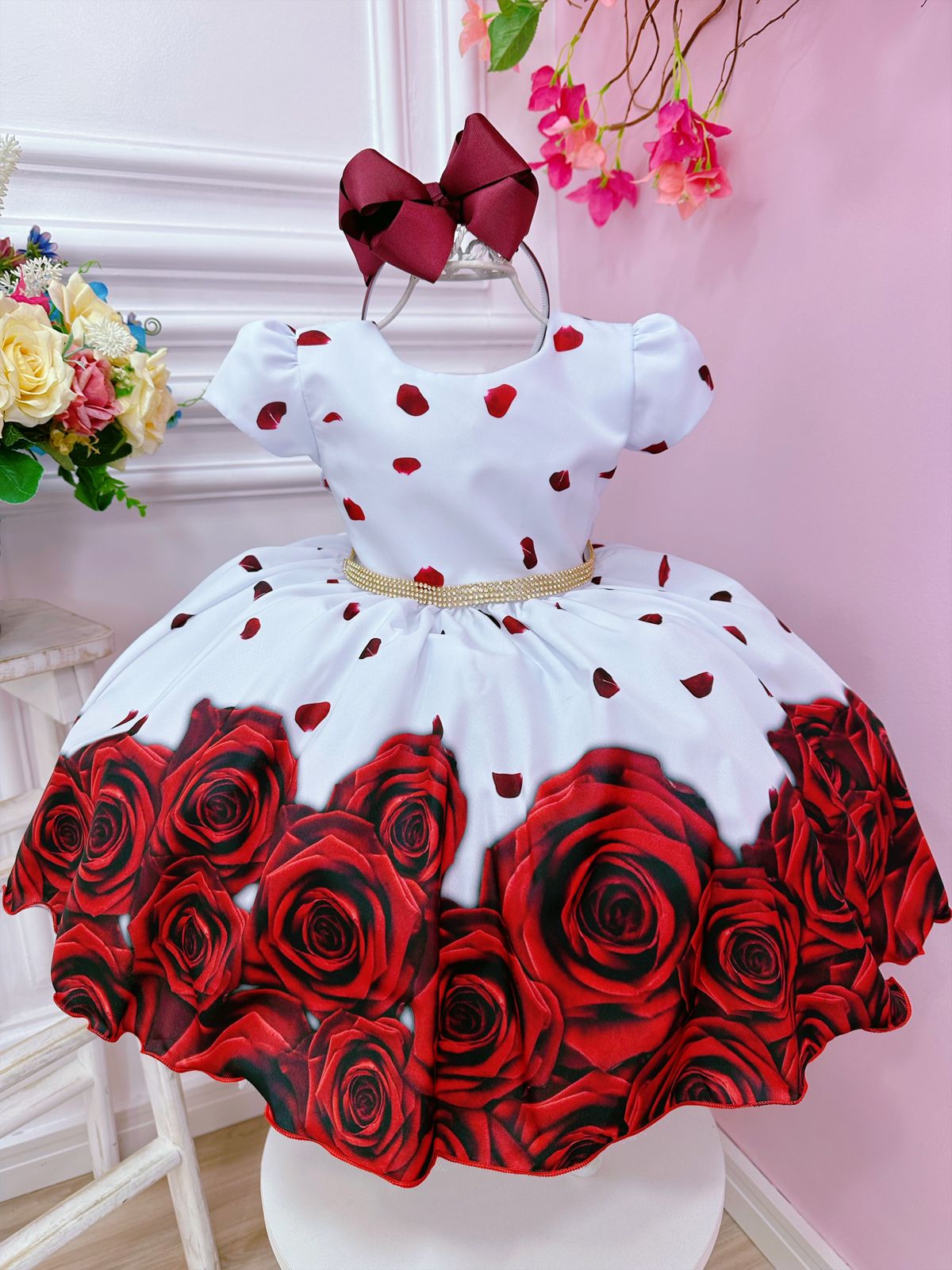 Vestido Infantil Branco Florido Rosas Vermelhas C/ Strass