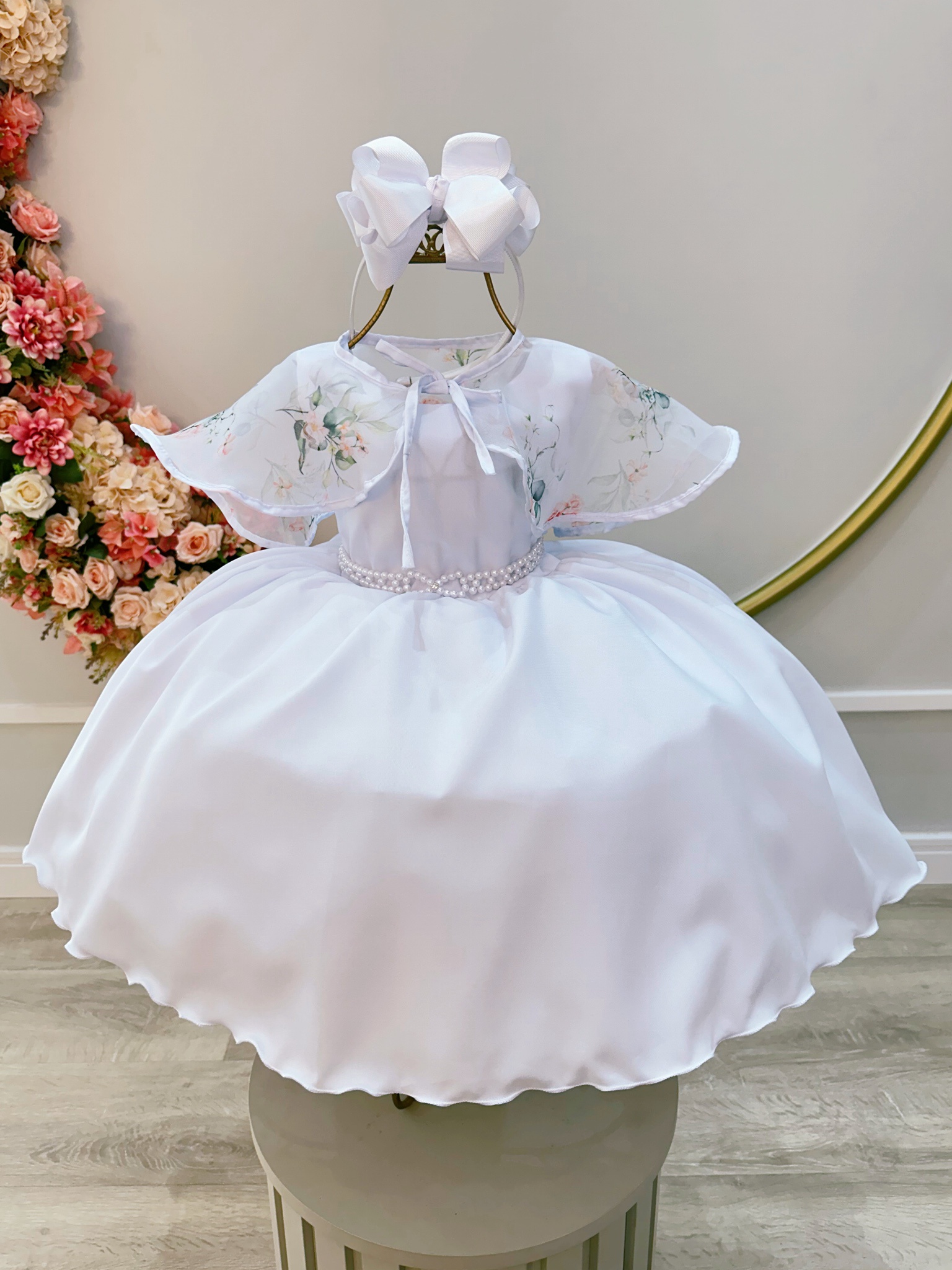 Vestido Infantil Branco Luxo C/ Echarpe Infantil Florida