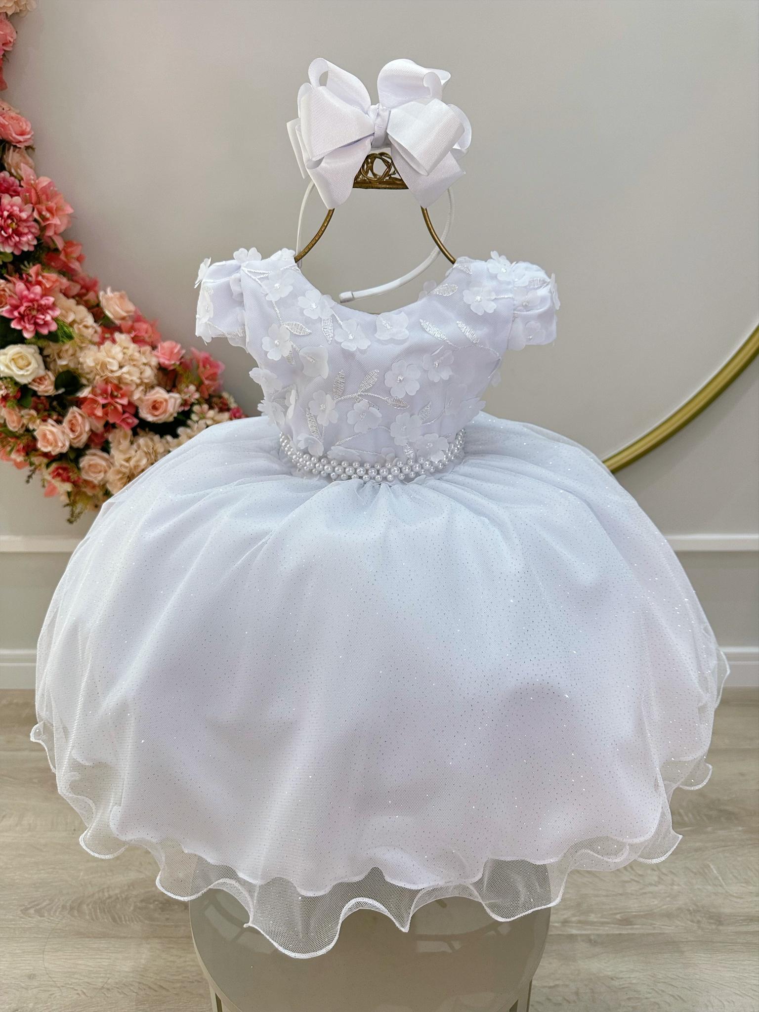 Vestido Infantil Branco Saia C/ Glitter e Apliques de Flores