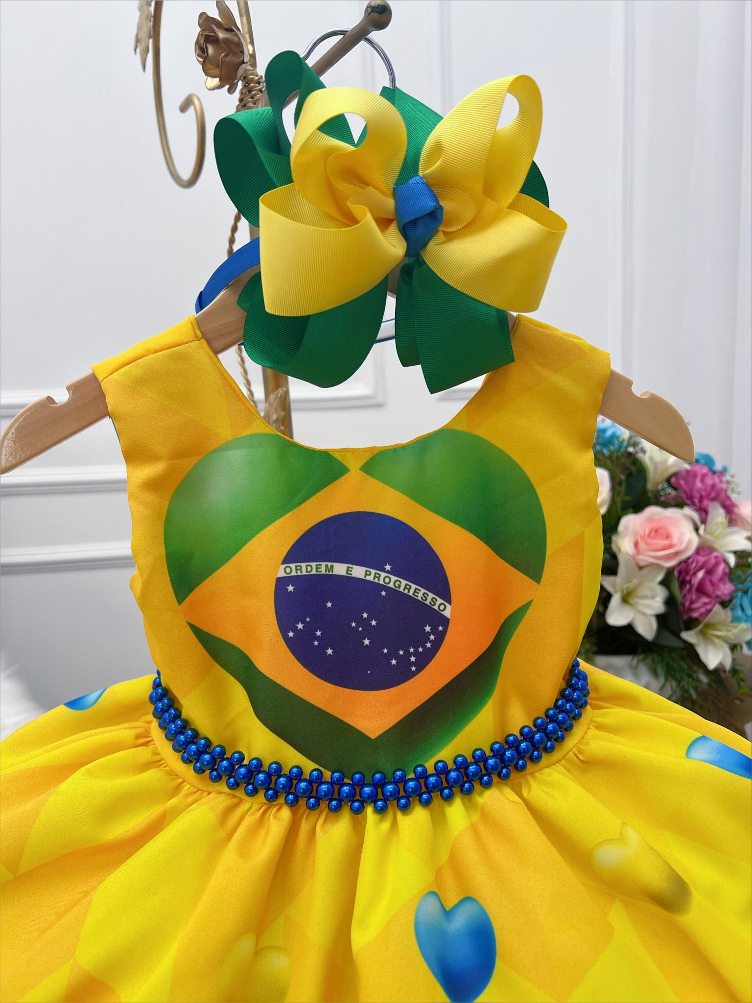 Vestido Infantil Copa do Mundo Brasil C/ Cinto de Pérolas - Rosa Charmosa  Atacado
