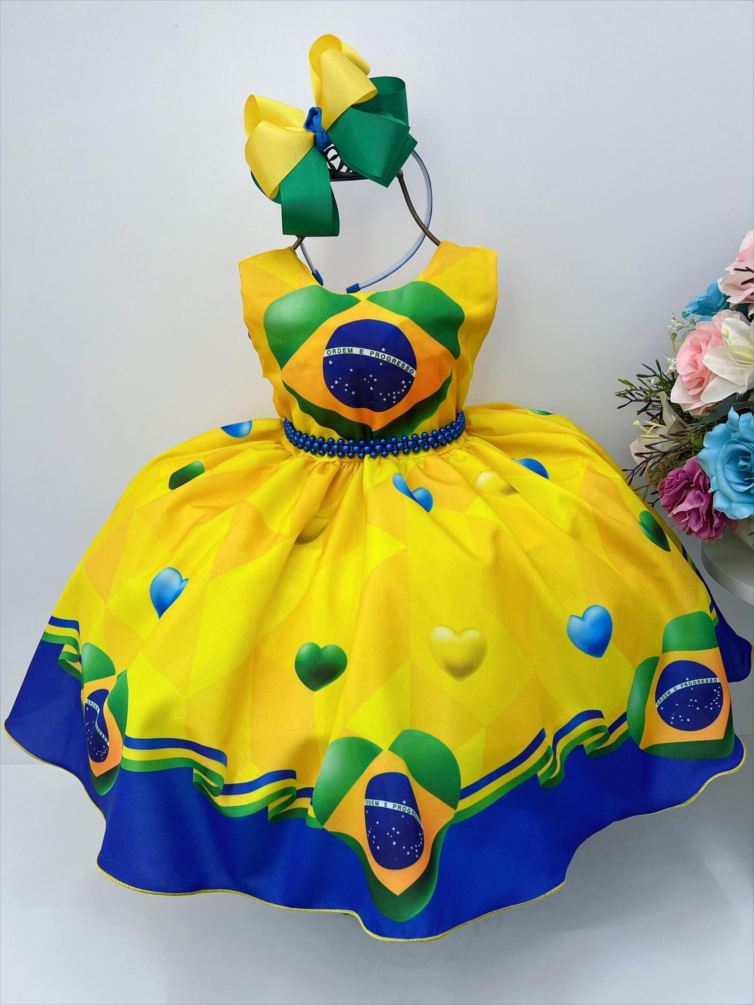 Vestido Infantil Temático Amarelo e Azul Brasil C/ Pérolas