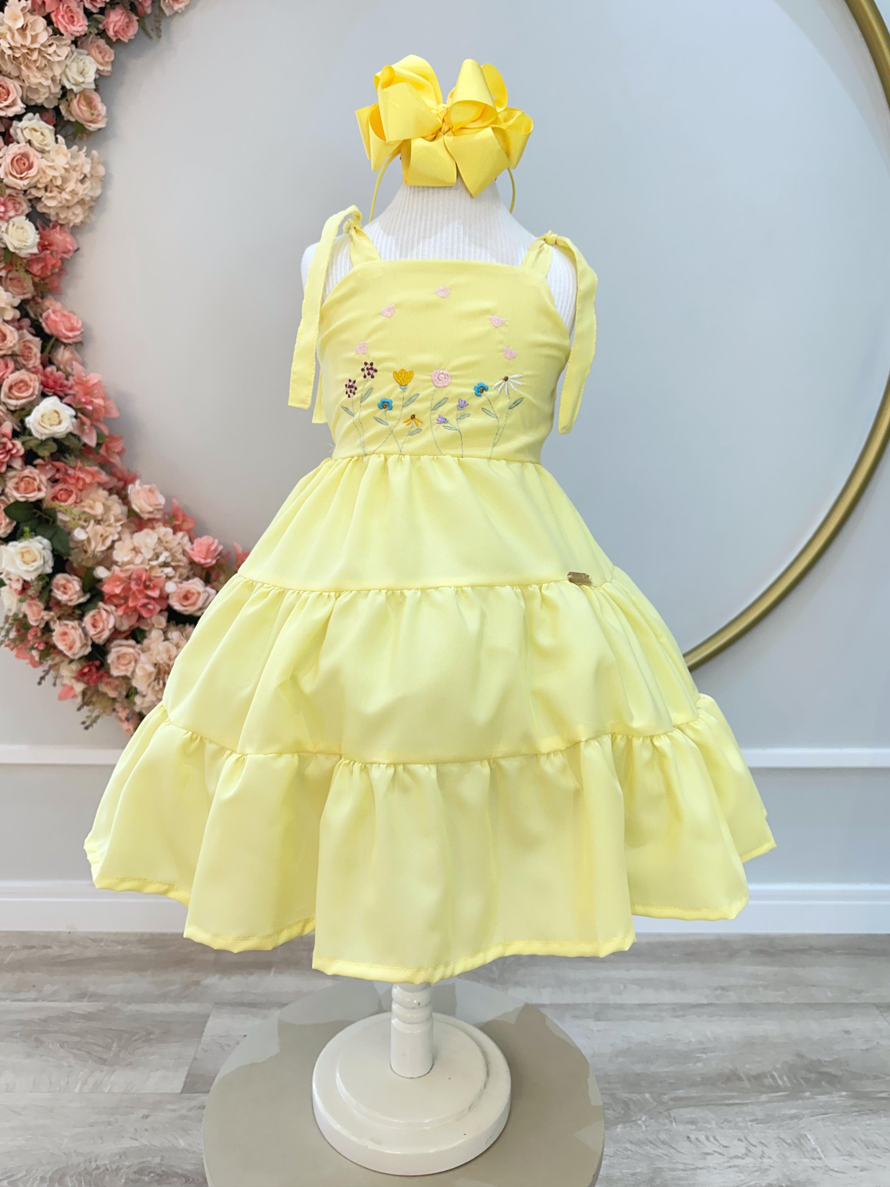 Vestido Infantil de Alça Amarelo Busto Bordado Casual Luxo