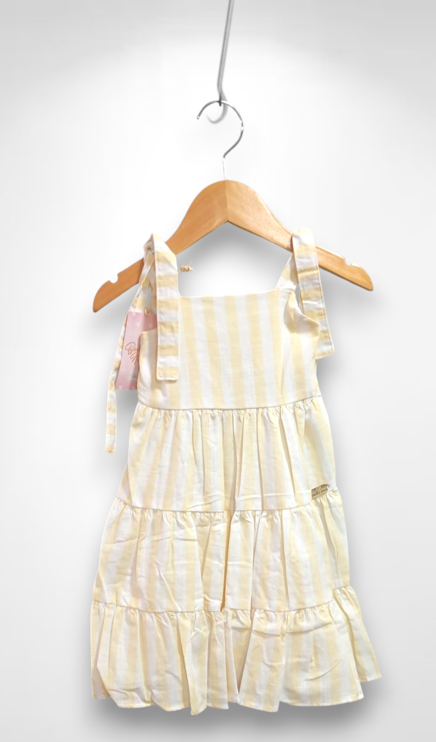 Vestido Infantil de Alça Amarelo Listras Brancas Casual Luxo