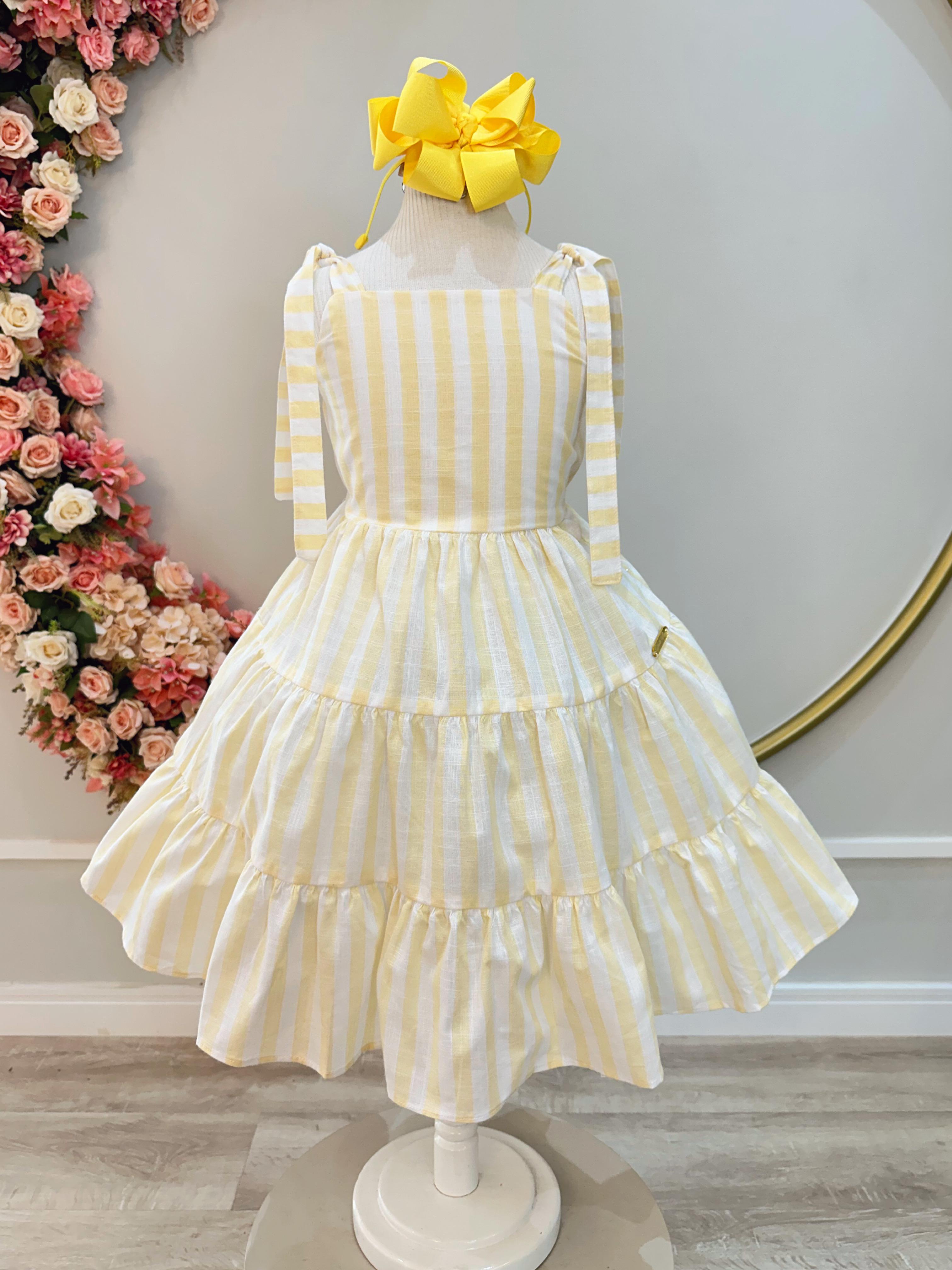 Vestido Infantil de Alça Amarelo Listras Brancas Casual Luxo