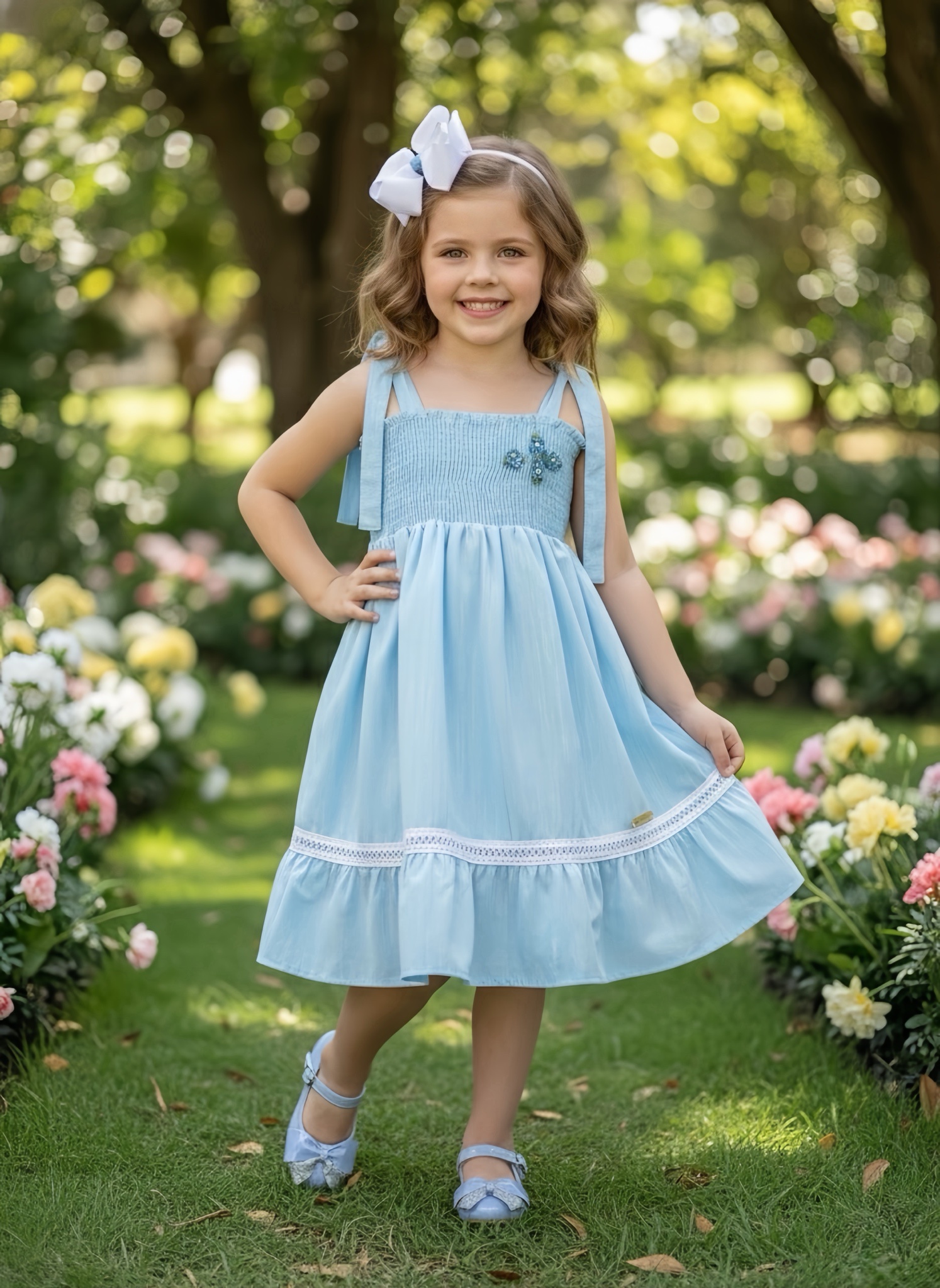Vestido Infantil de Alça Azul Claro Casual Festas Luxo Daminhas