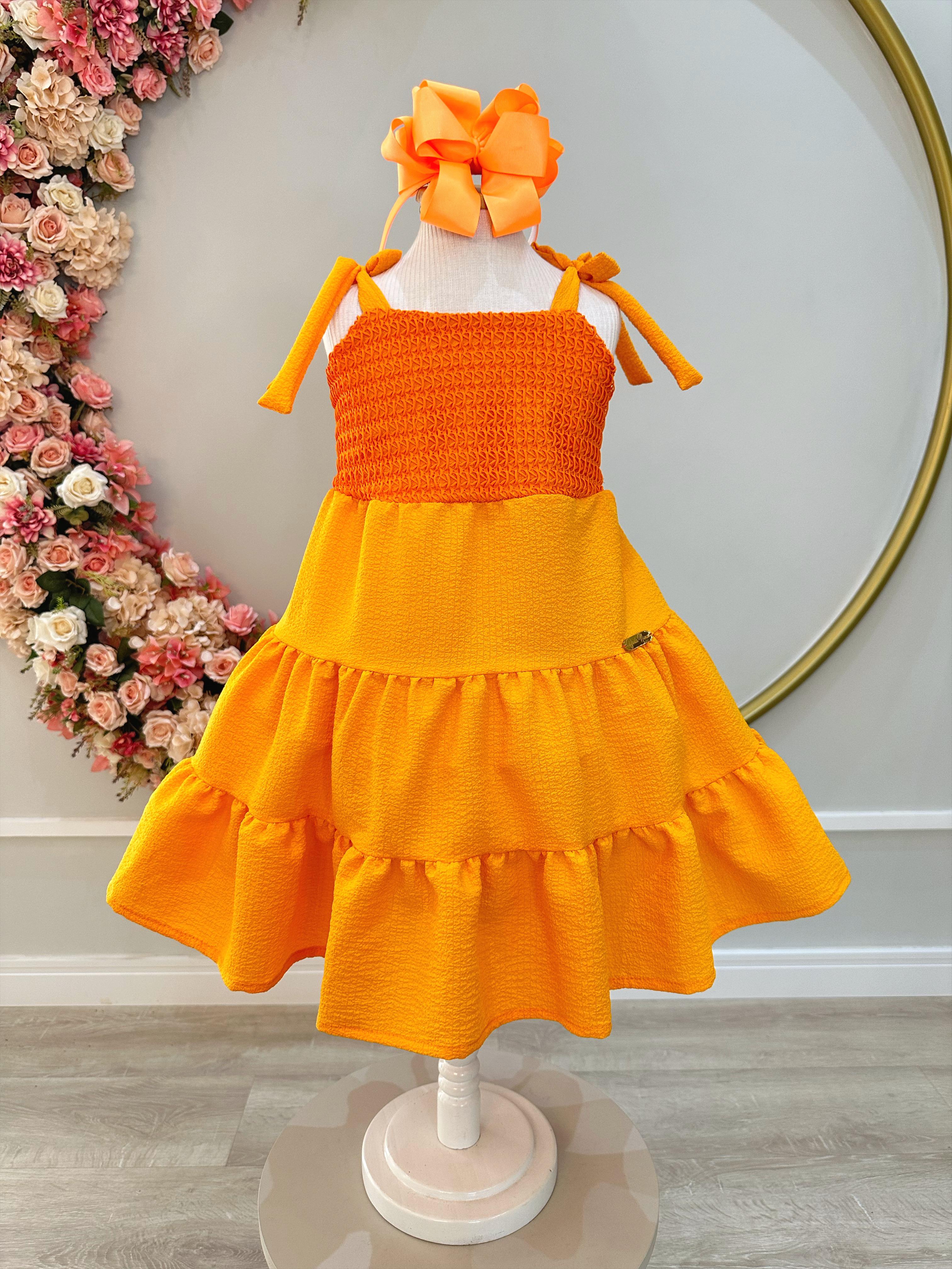 Vestido Infantil de Alça Laranja Casual Luxo