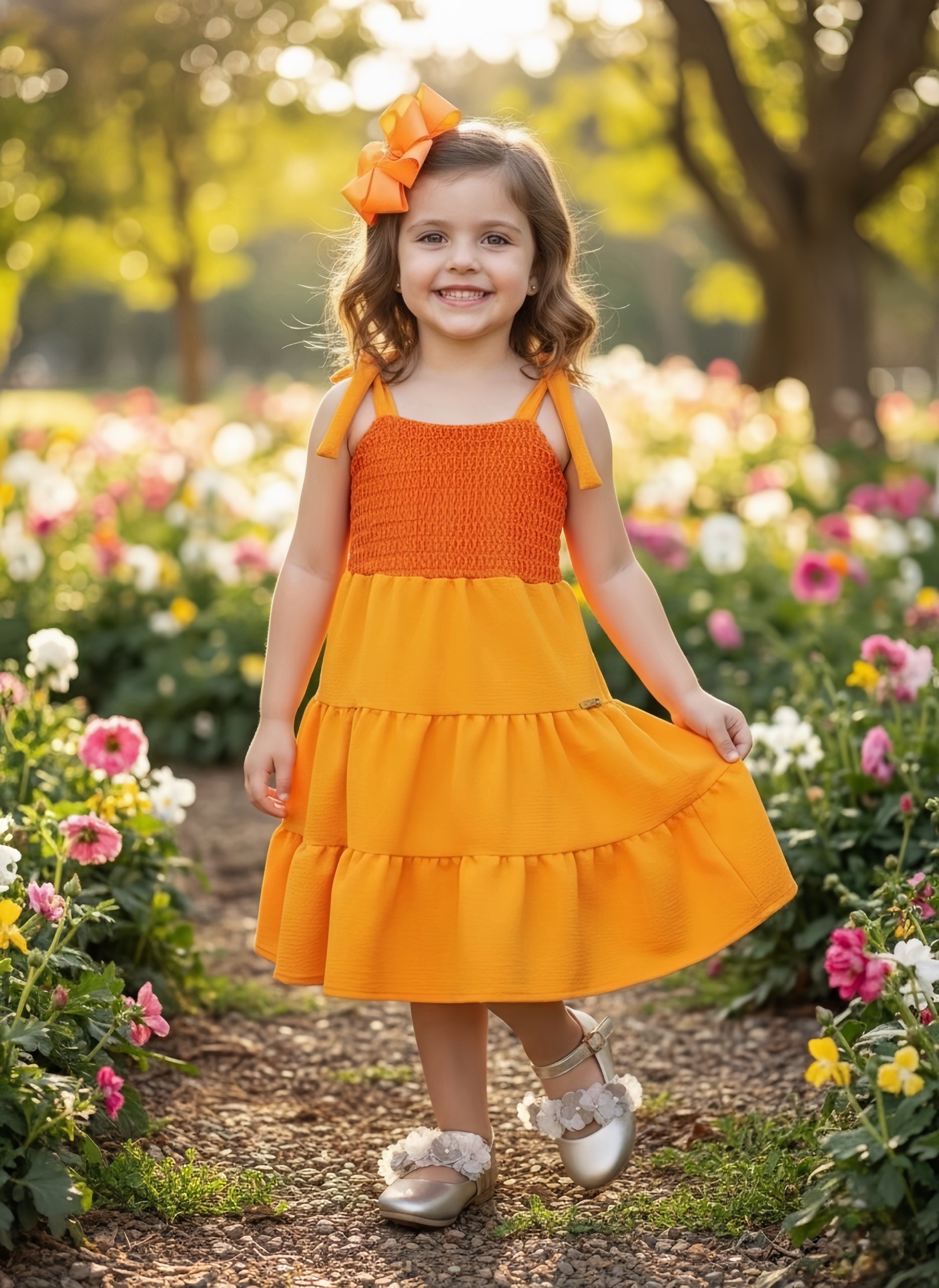 Vestido Infantil de Alça Laranja Casual Luxo