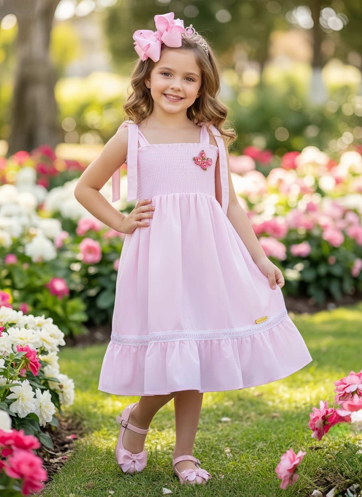 Vestido Infantil de Alça Rosa Claro Casual Festas Luxo
