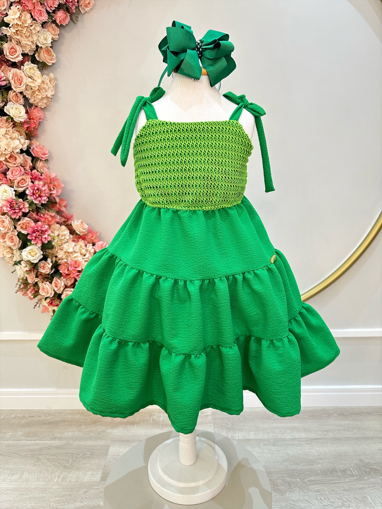 Vestido Infantil de Alça Verde Bandeira Casual Luxo